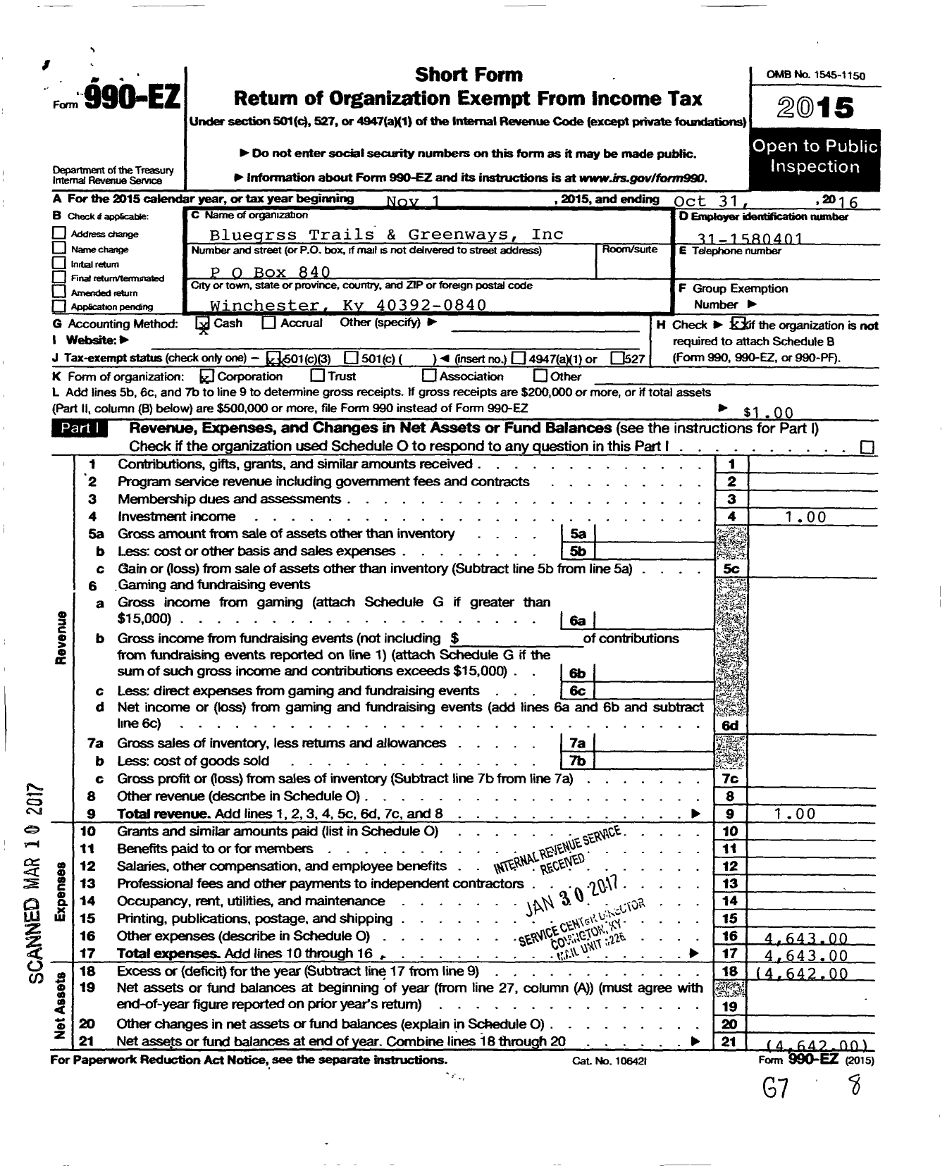 Image of first page of 2015 Form 990EZ for Bluegrass Trails and Greenways