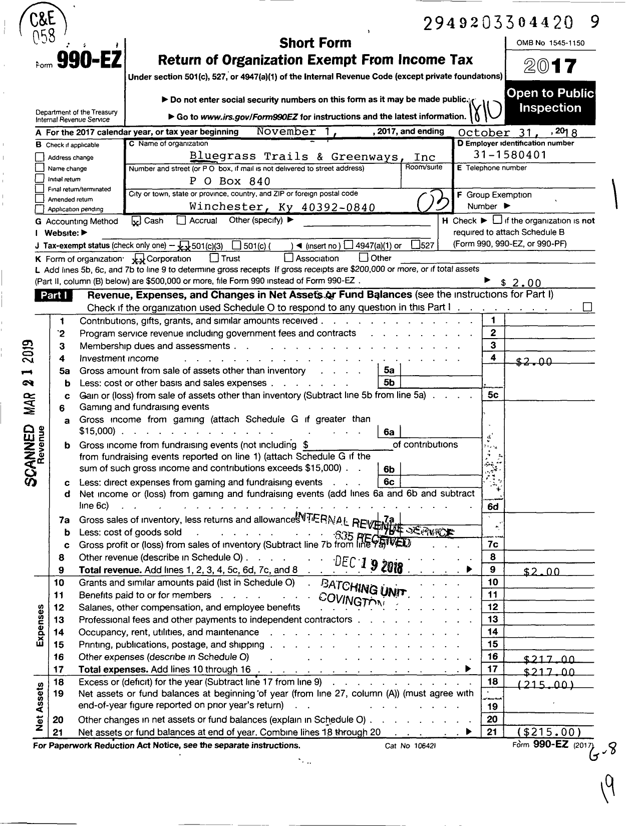 Image of first page of 2017 Form 990EZ for Bluegrass Trails and Greenways