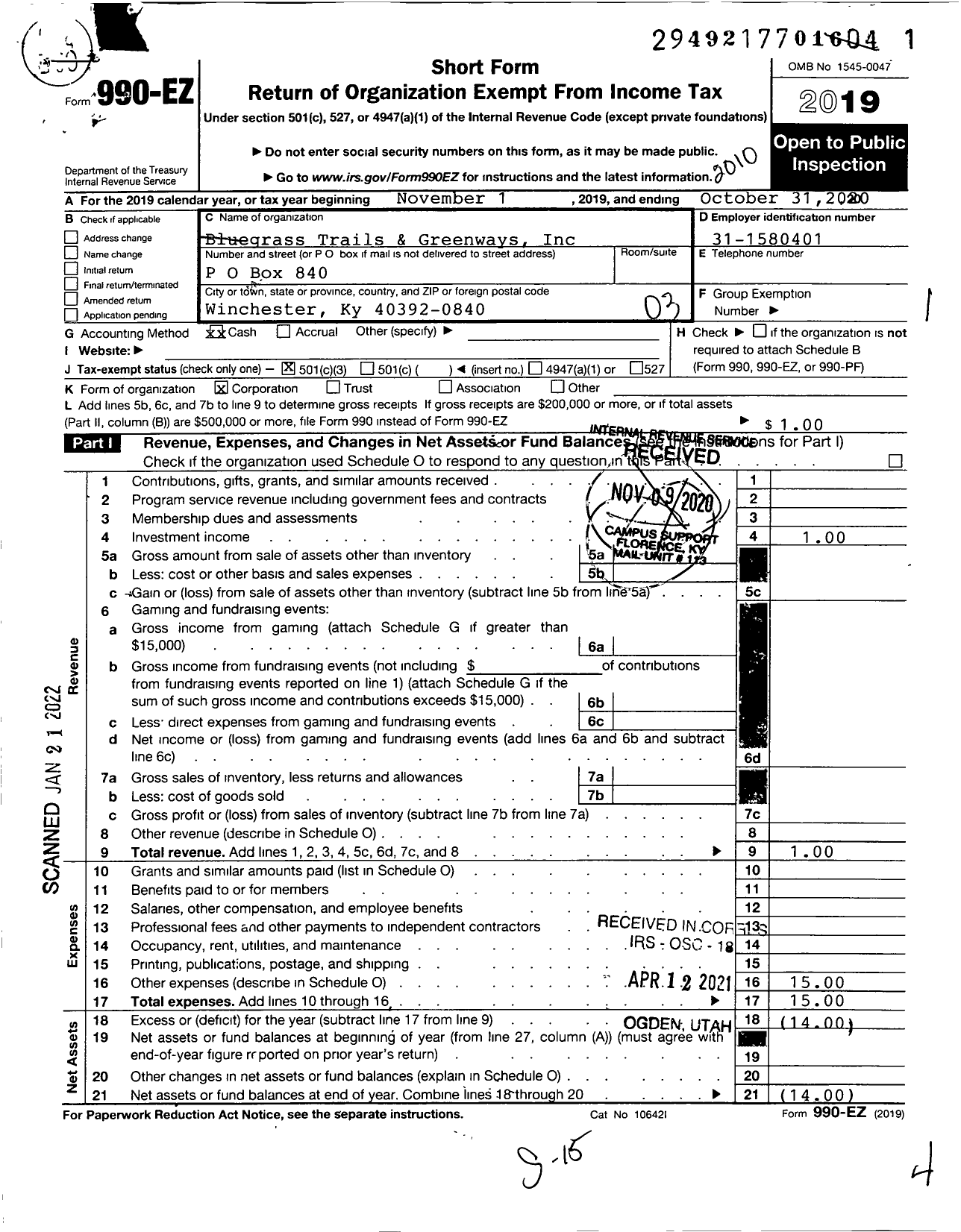 Image of first page of 2019 Form 990EZ for Bluegrass Trails and Greenways
