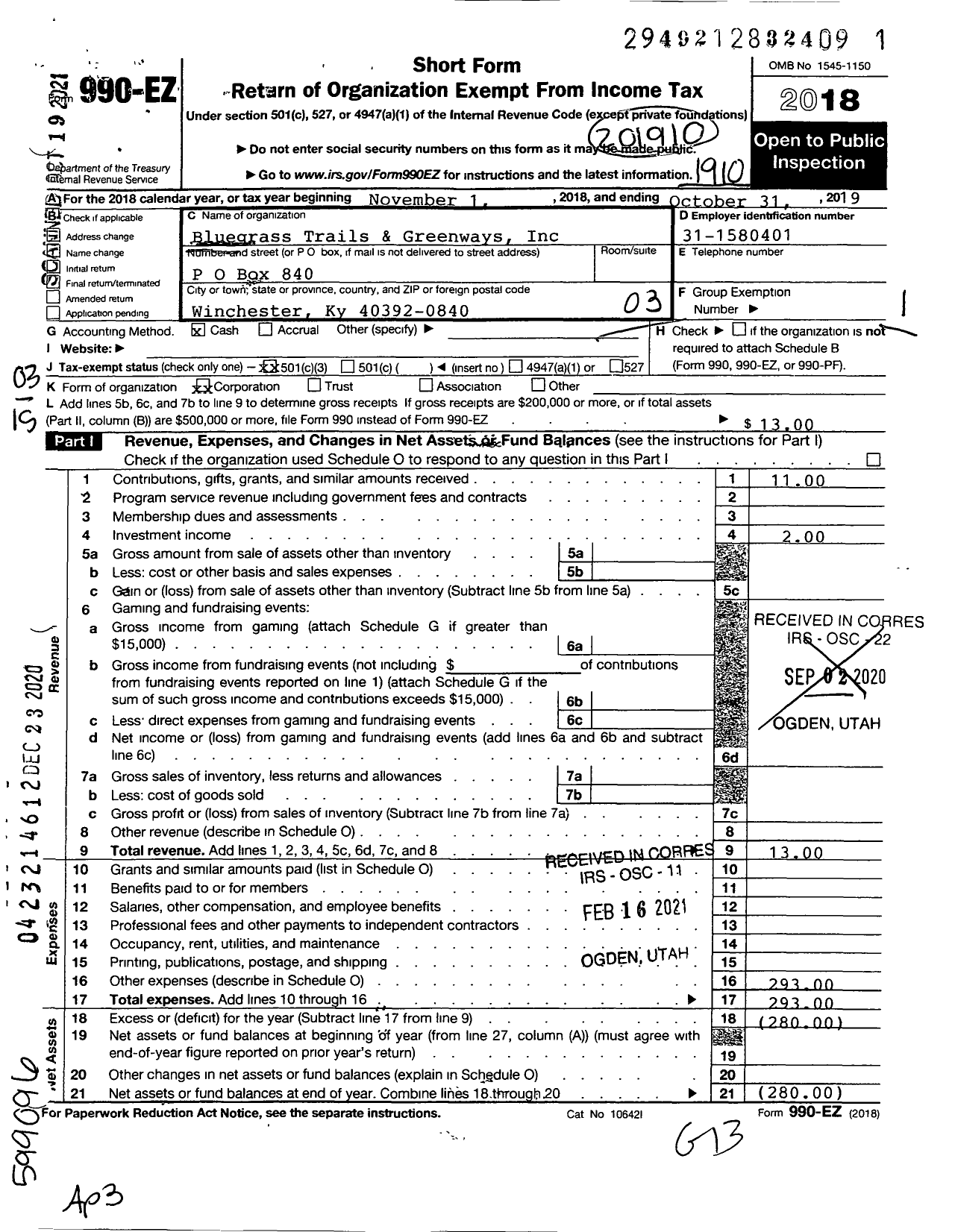 Image of first page of 2018 Form 990EZ for Bluegrass Trails and Greenways