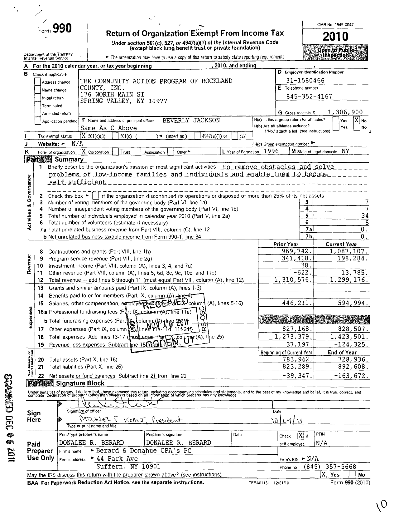 Image of first page of 2010 Form 990 for Community Action Program of Rockland County