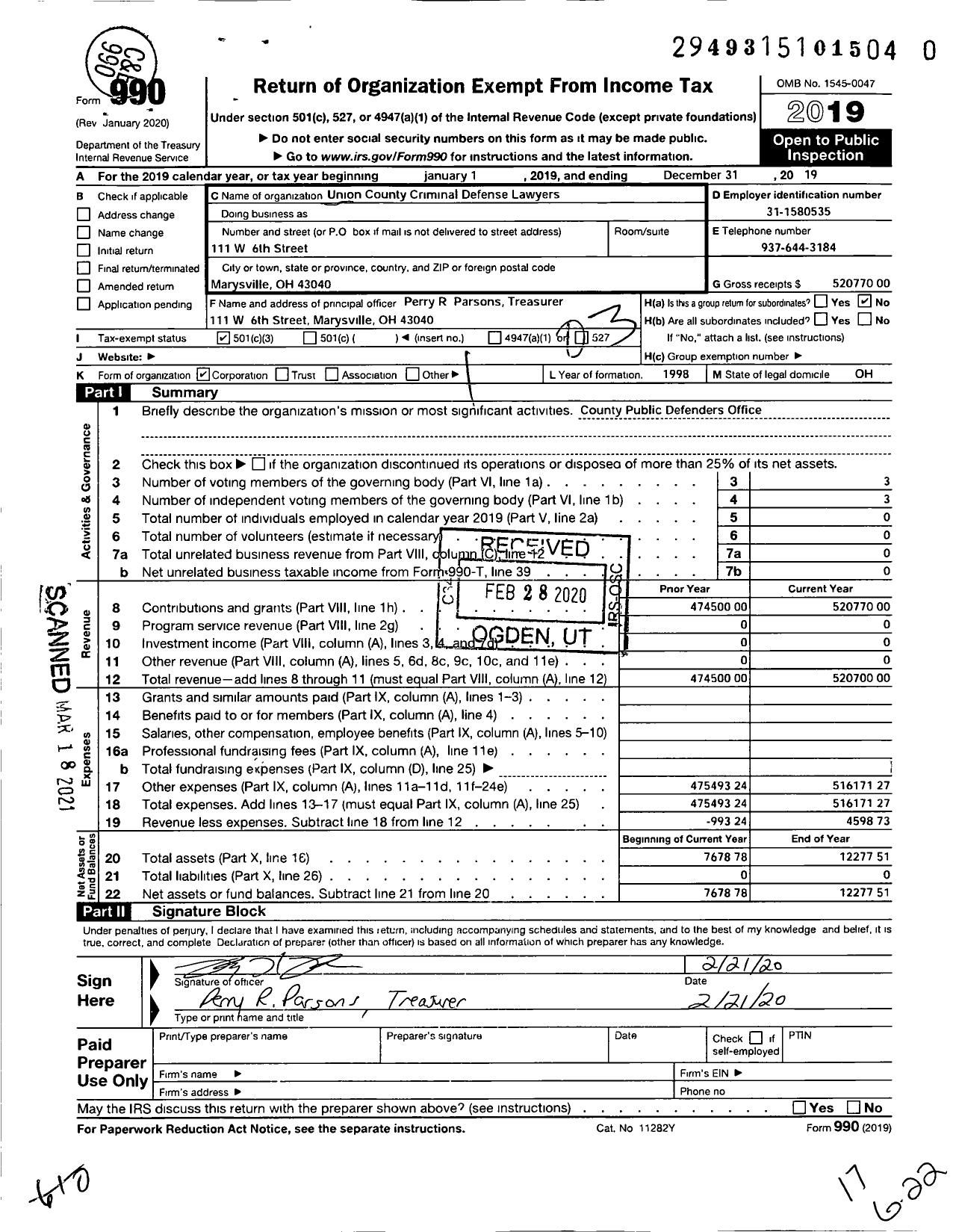 Image of first page of 2019 Form 990 for Union County Criminal Defense Lawyers