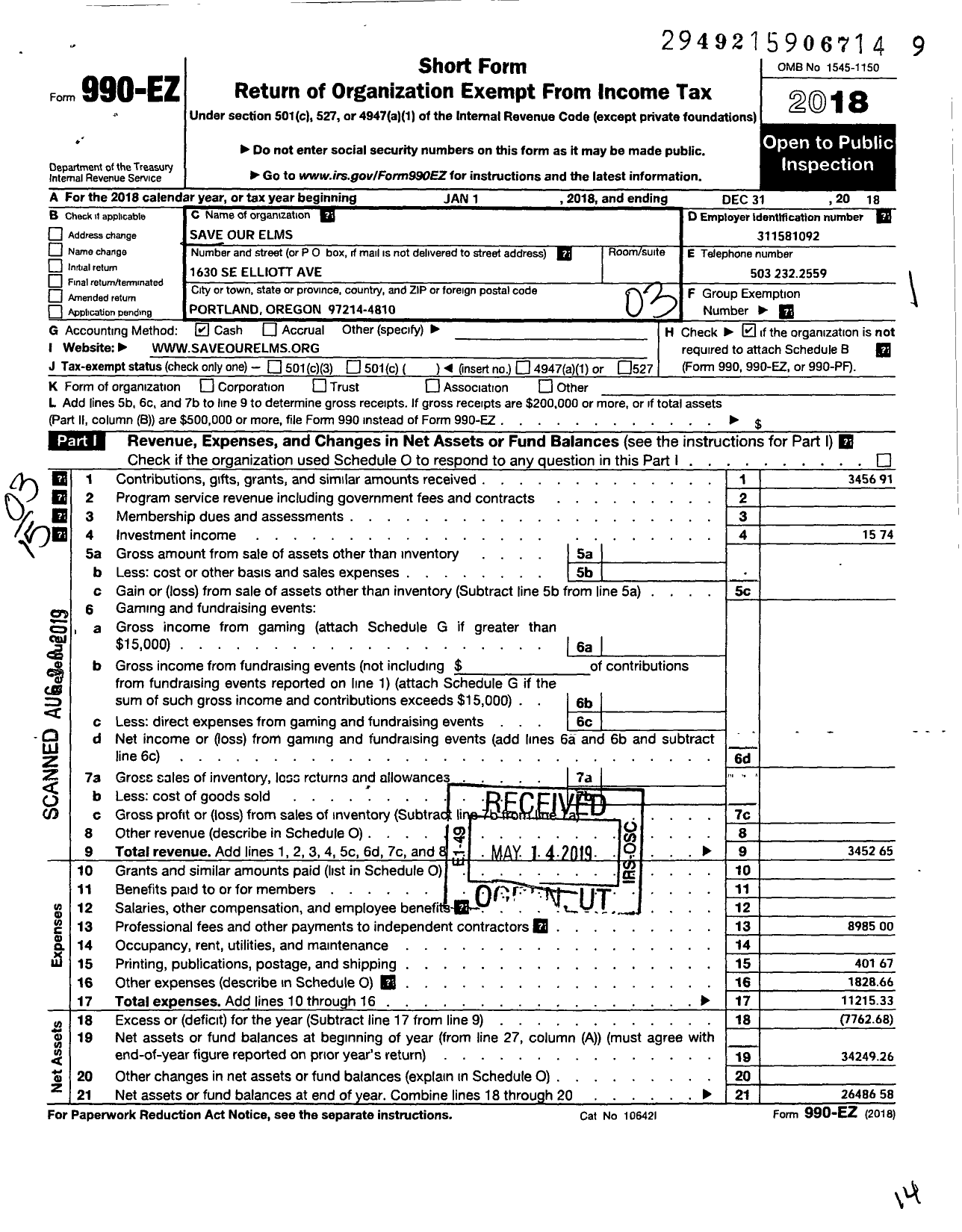 Image of first page of 2018 Form 990EZ for Save Our Elms