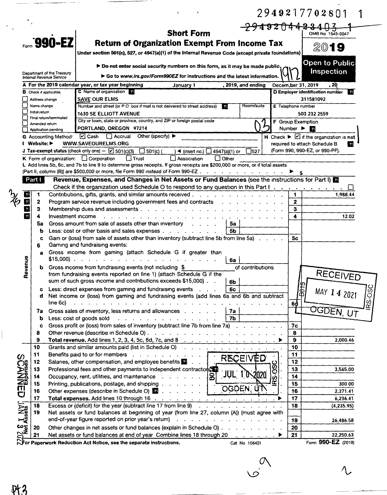 Image of first page of 2019 Form 990EZ for Save Our Elms