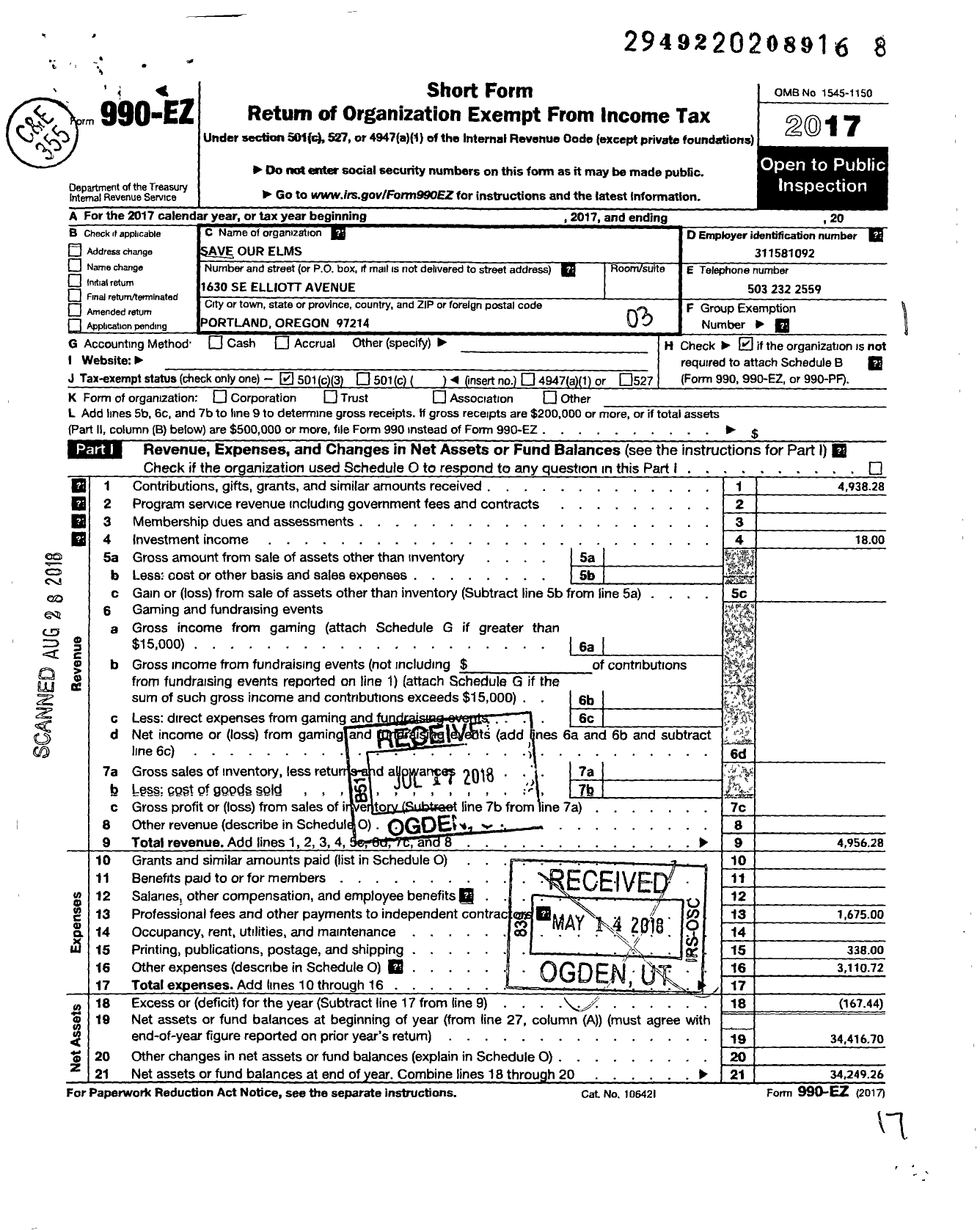 Image of first page of 2017 Form 990EZ for Save Our Elms