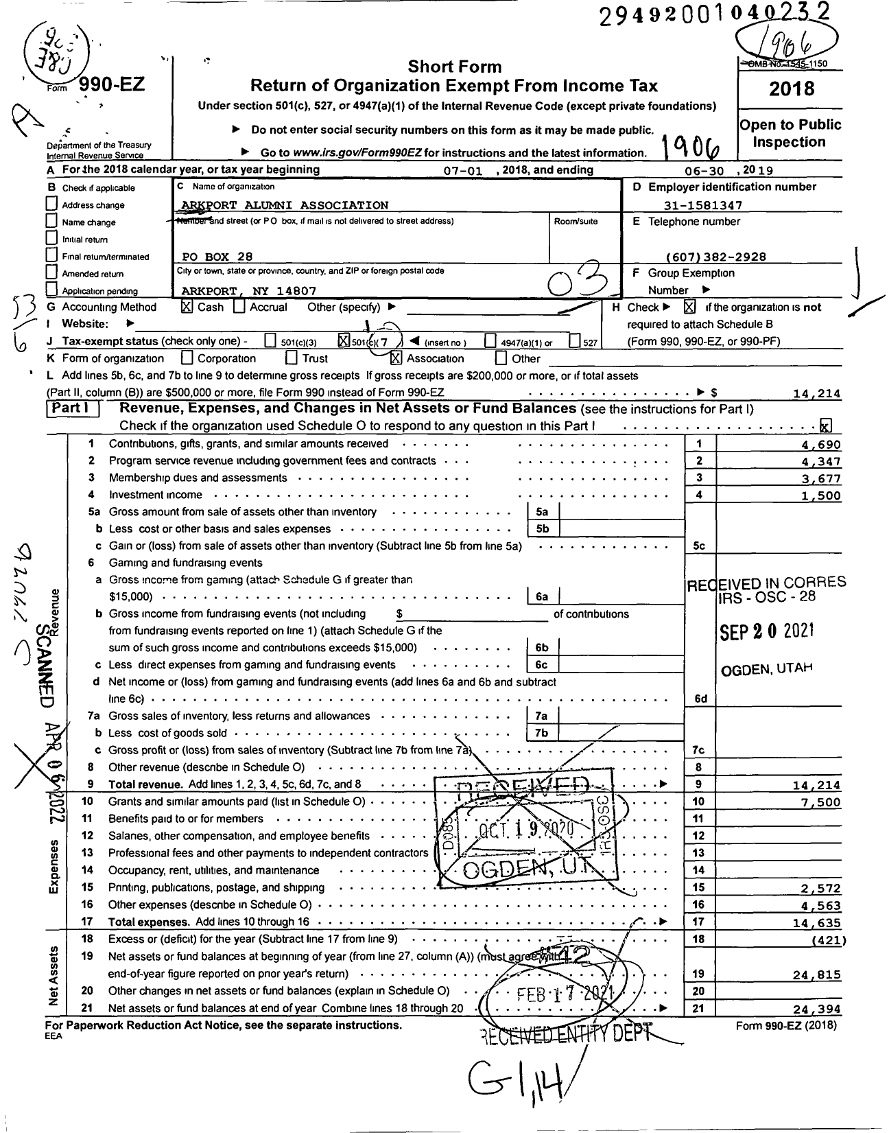 Image of first page of 2018 Form 990EZ for Arkport Alumni Association