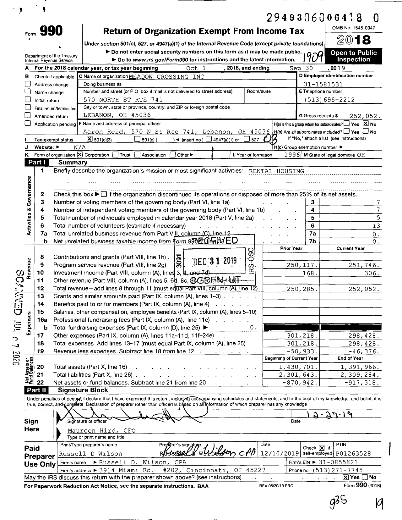 Image of first page of 2018 Form 990 for Meadow Crossing
