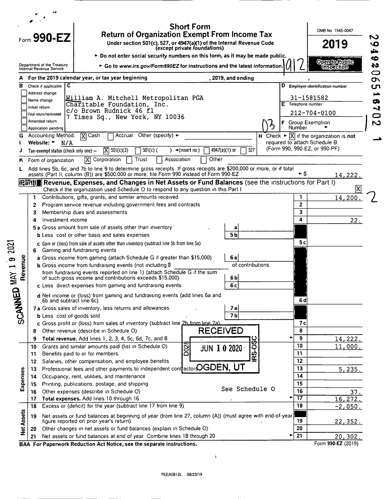 Image of first page of 2019 Form 990EZ for William A Mitchell Metropolitan PGA Charitable Foundation