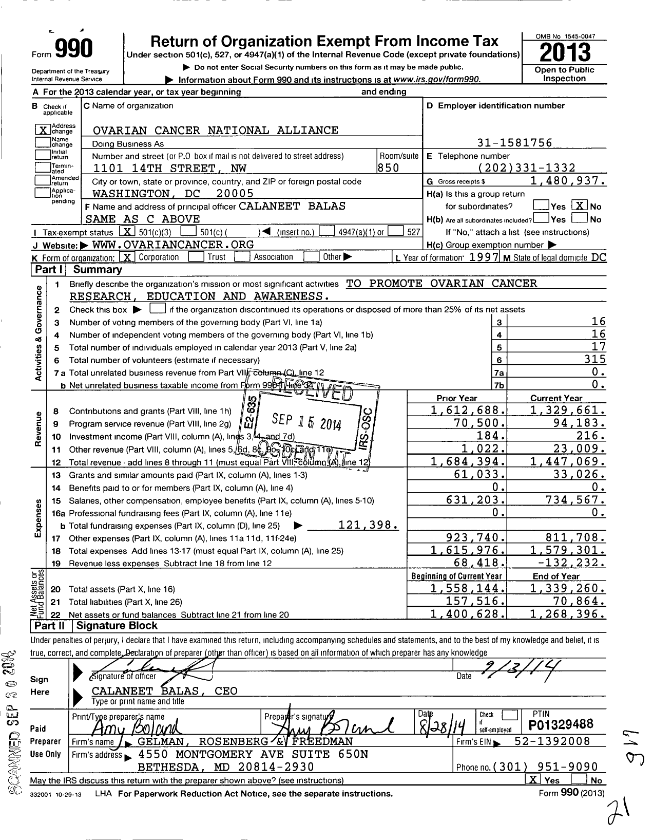 Image of first page of 2013 Form 990 for Ovarian Cancer National Alliance