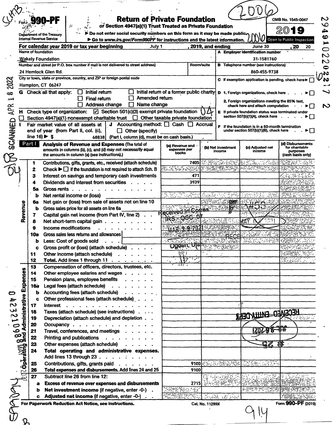 Image of first page of 2019 Form 990PF for Wakely Foundation