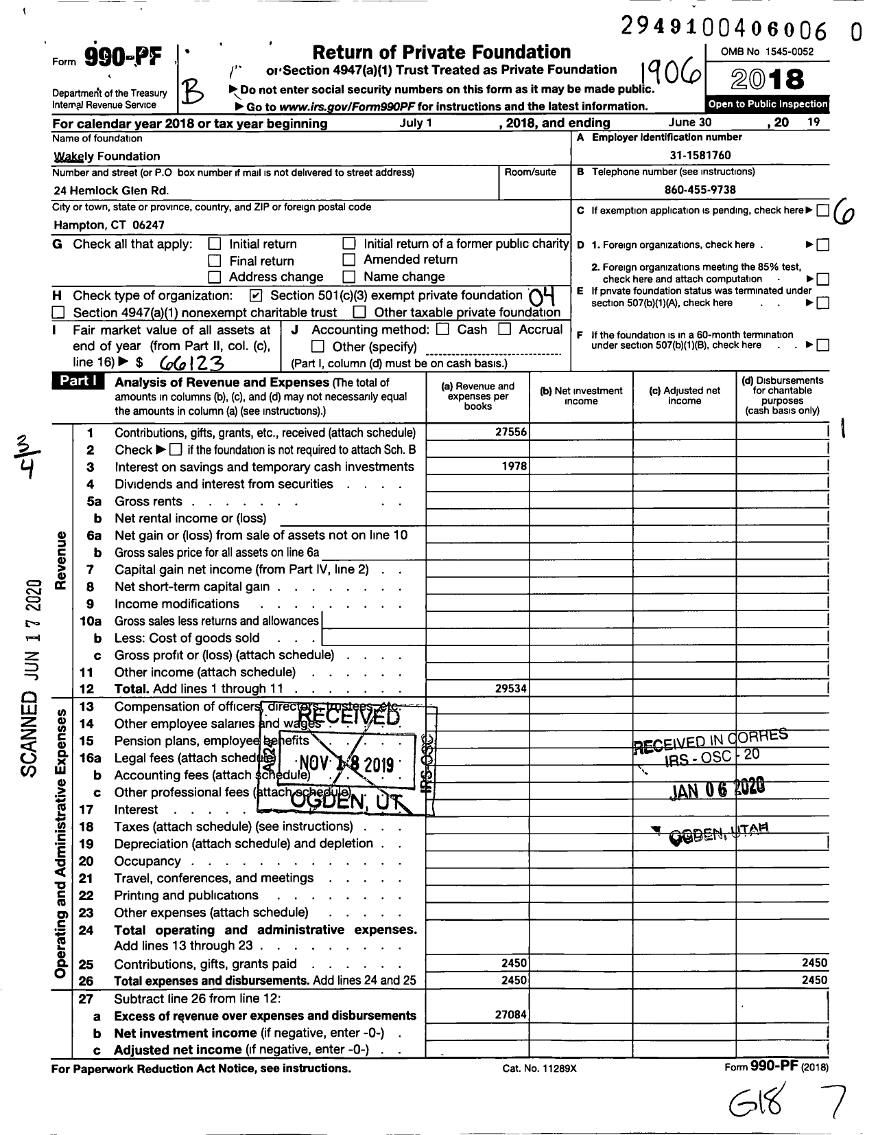 Image of first page of 2018 Form 990PR for Wakely Foundation