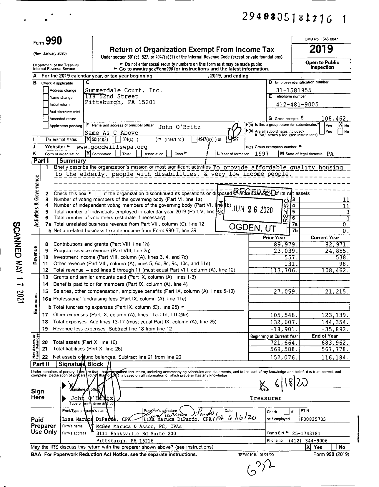 Image of first page of 2019 Form 990 for Summerdale Court