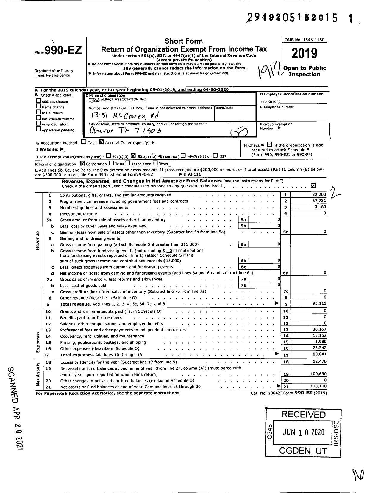 Image of first page of 2019 Form 990EO for TxOLAN Alpaca Association