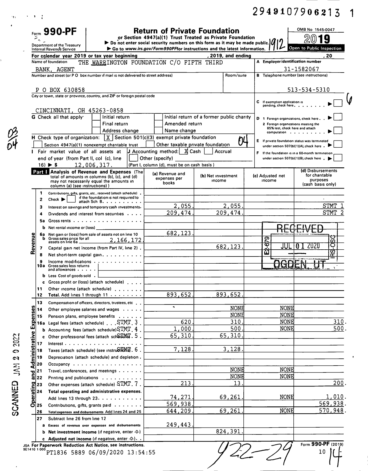 Image of first page of 2019 Form 990PF for The Warrington Foundation Fifth Third