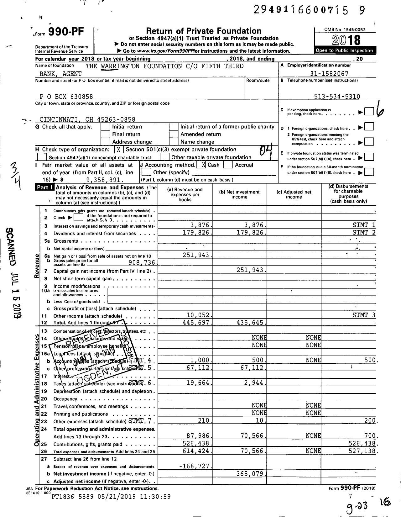 Image of first page of 2018 Form 990PF for The Warrington Foundation Fifth Third