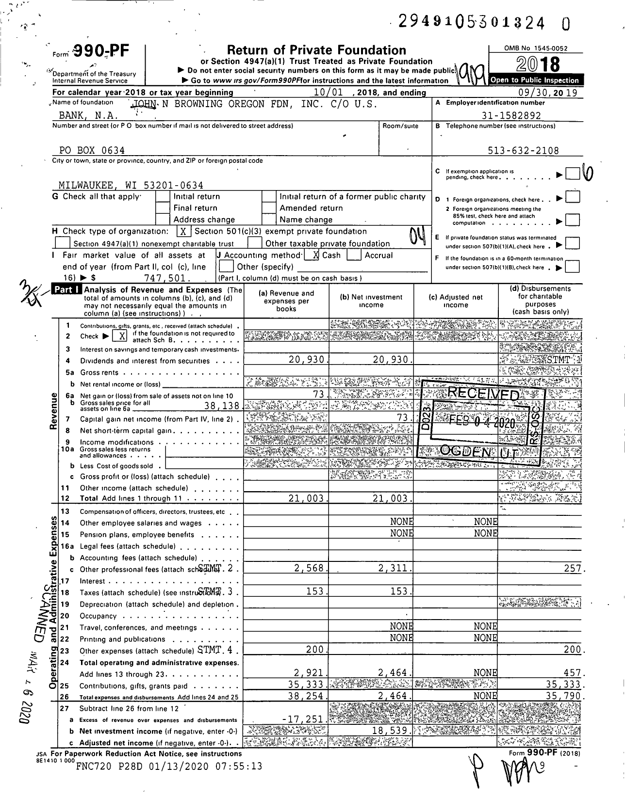 Image of first page of 2018 Form 990PR for John N Browning Oregon Foundation