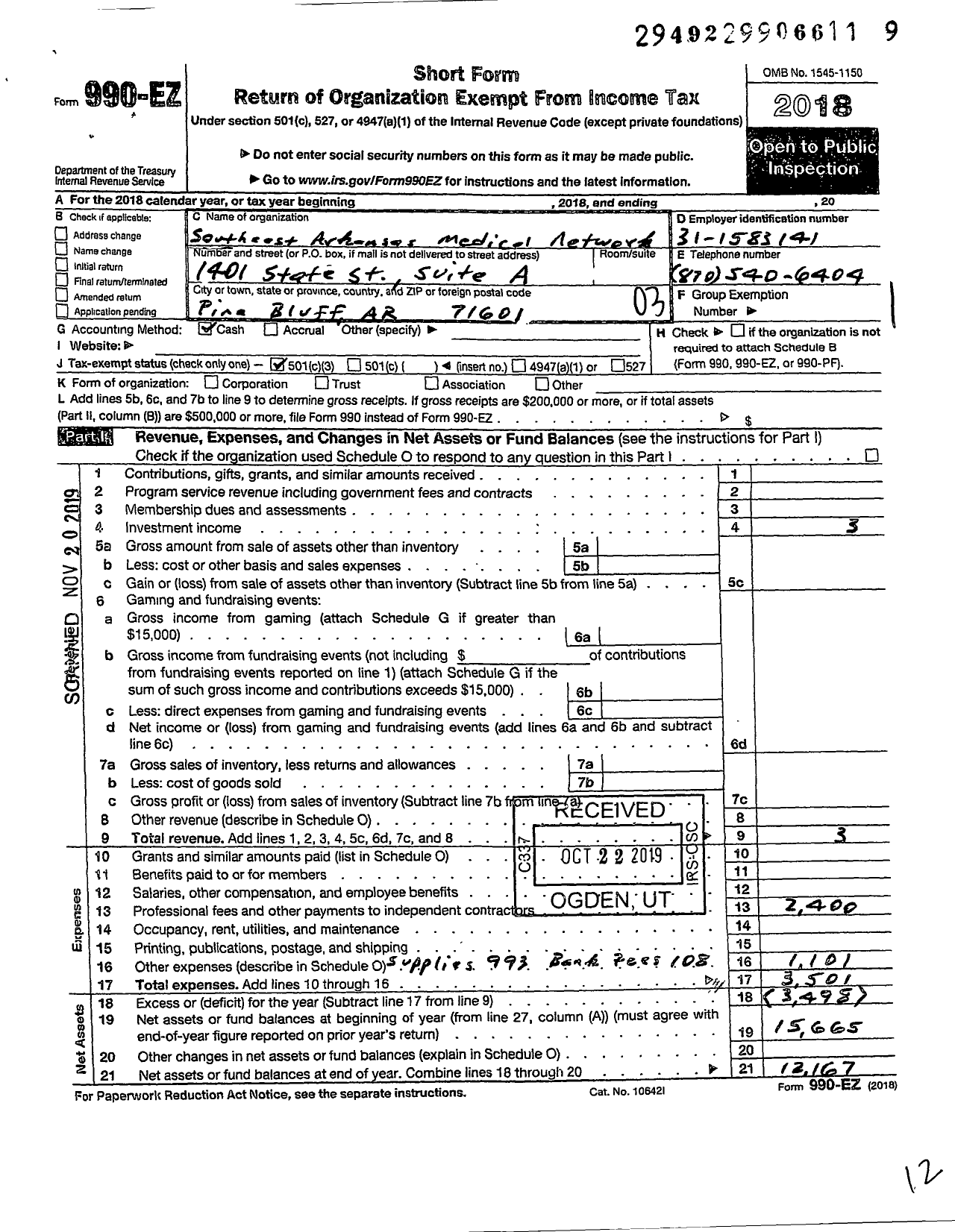 Image of first page of 2018 Form 990EZ for Southeast Arkansas Medical Network