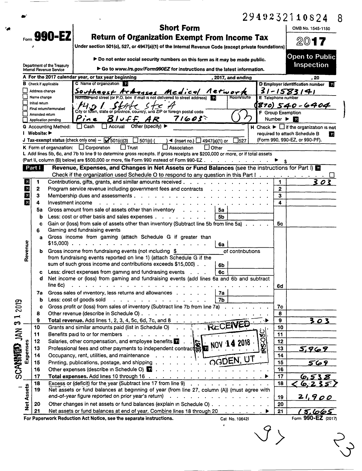 Image of first page of 2017 Form 990EZ for Southeast Arkansas Medical Network