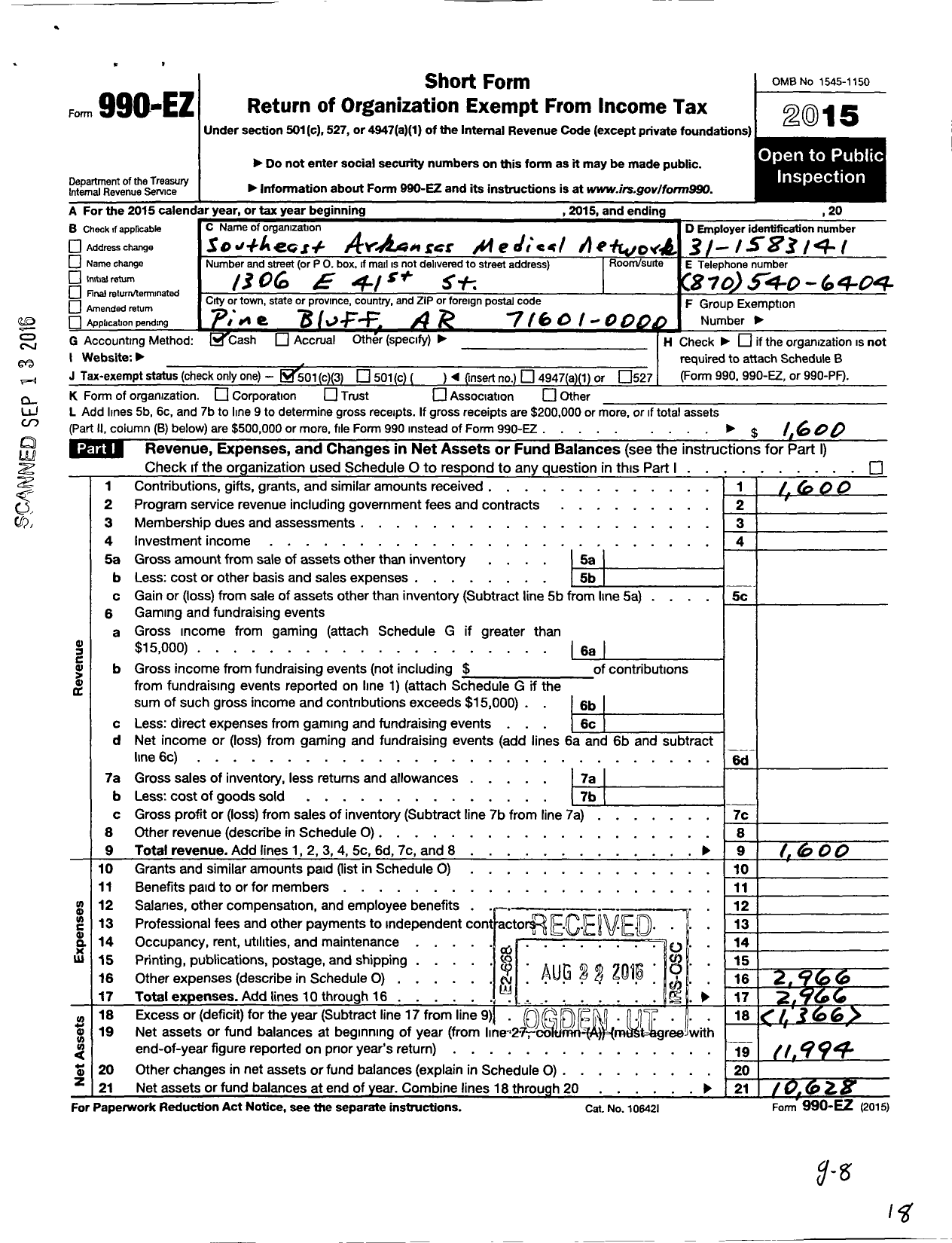 Image of first page of 2015 Form 990EZ for Southeast Arkansas Medical Network