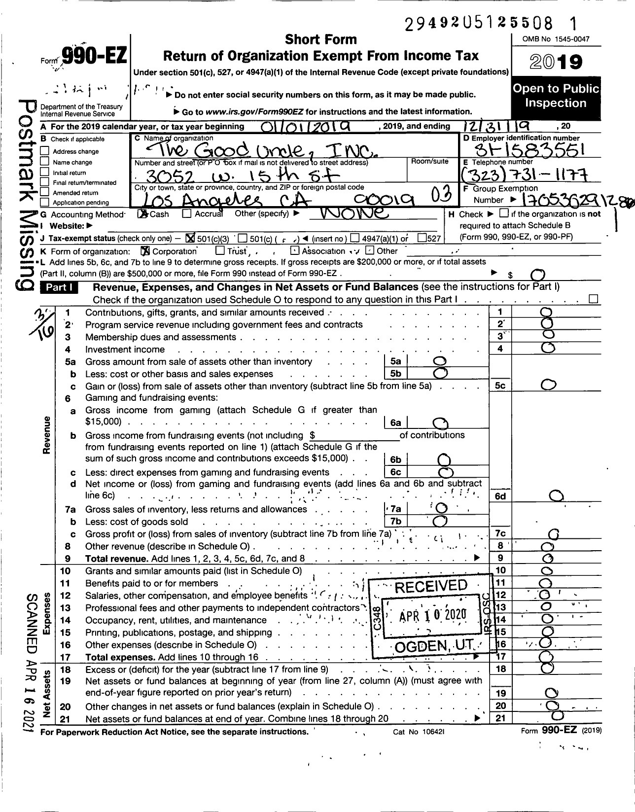 Image of first page of 2019 Form 990EZ for Good Uncle