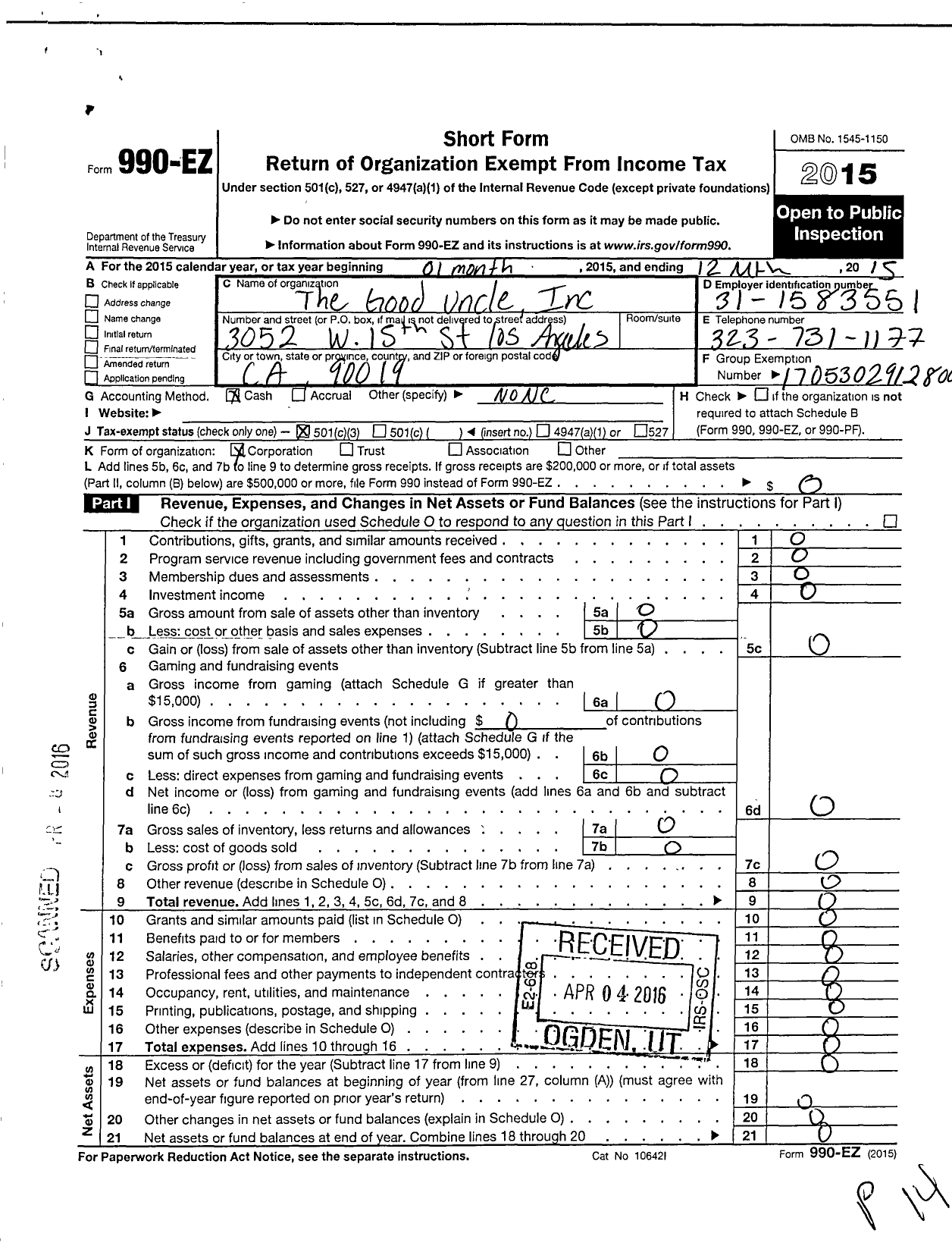 Image of first page of 2015 Form 990EZ for Good Uncle