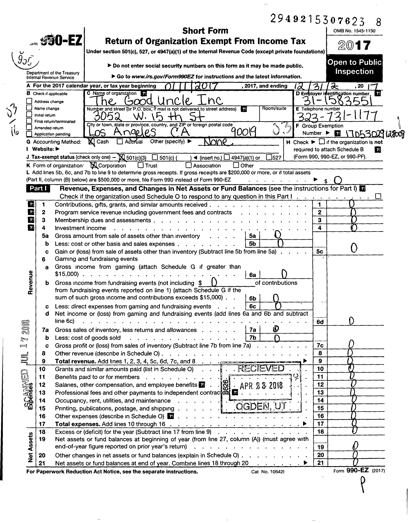 Image of first page of 2017 Form 990EZ for Good Uncle