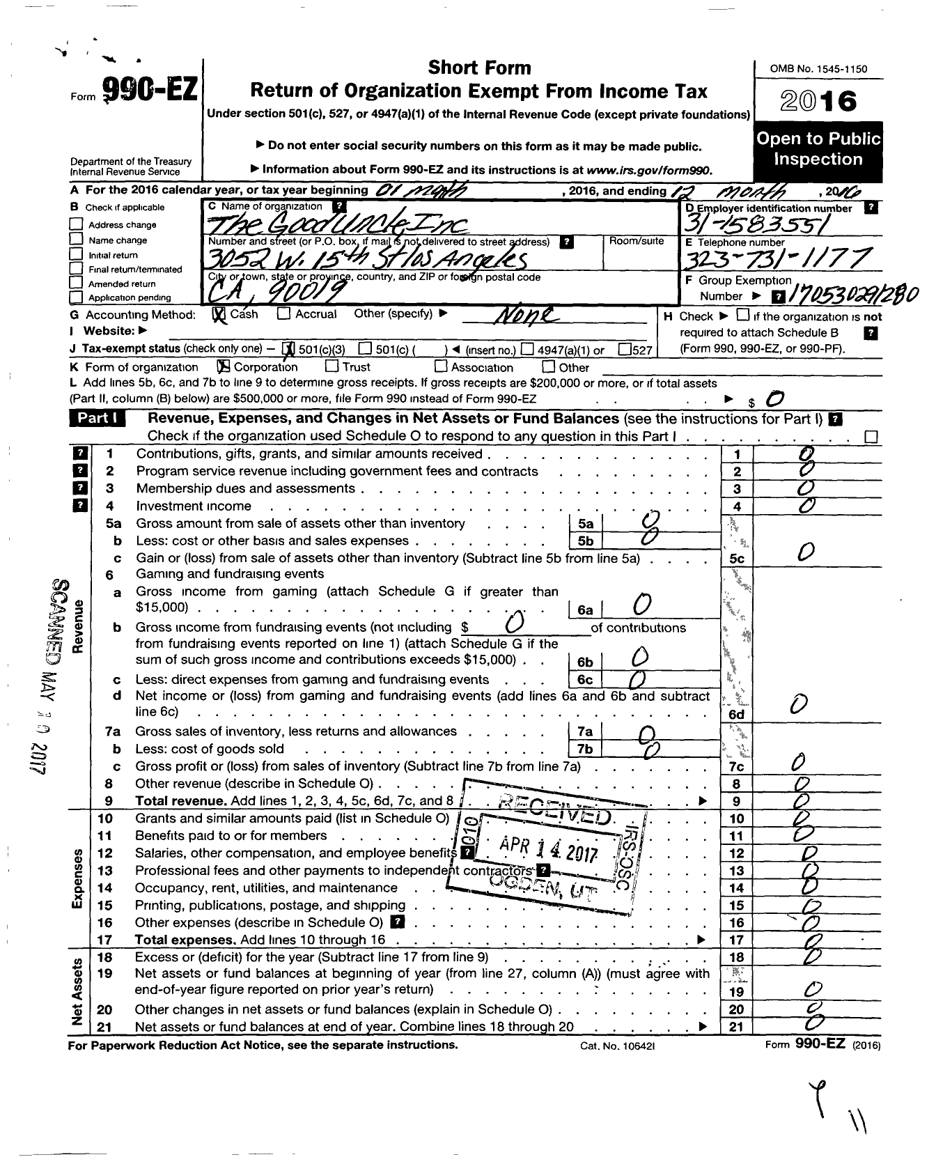 Image of first page of 2016 Form 990EZ for Good Uncle