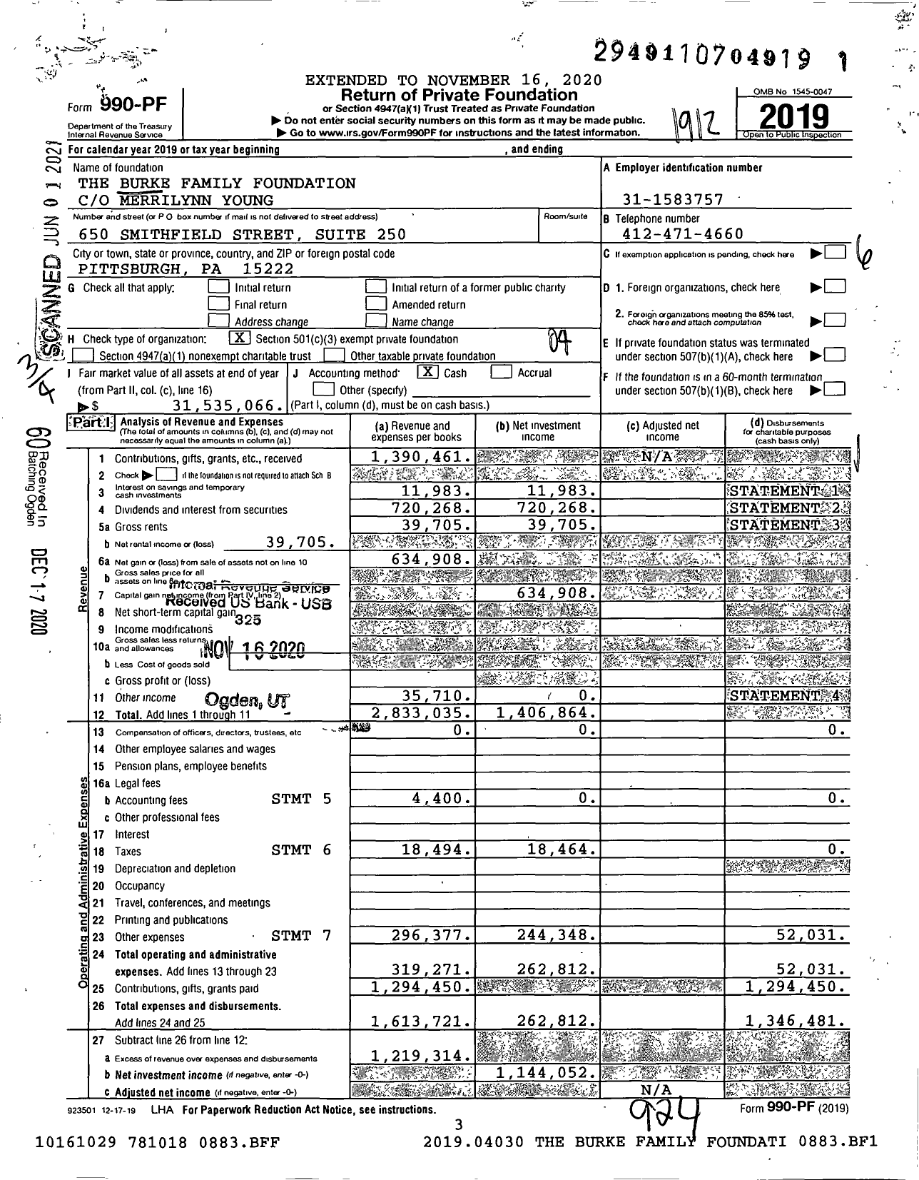 Image of first page of 2019 Form 990PF for The Burke Family Foundation