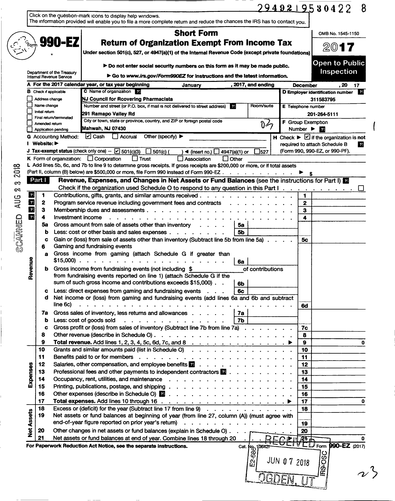 Image of first page of 2017 Form 990EZ for New Jersey Council for Recovering Pharmacists