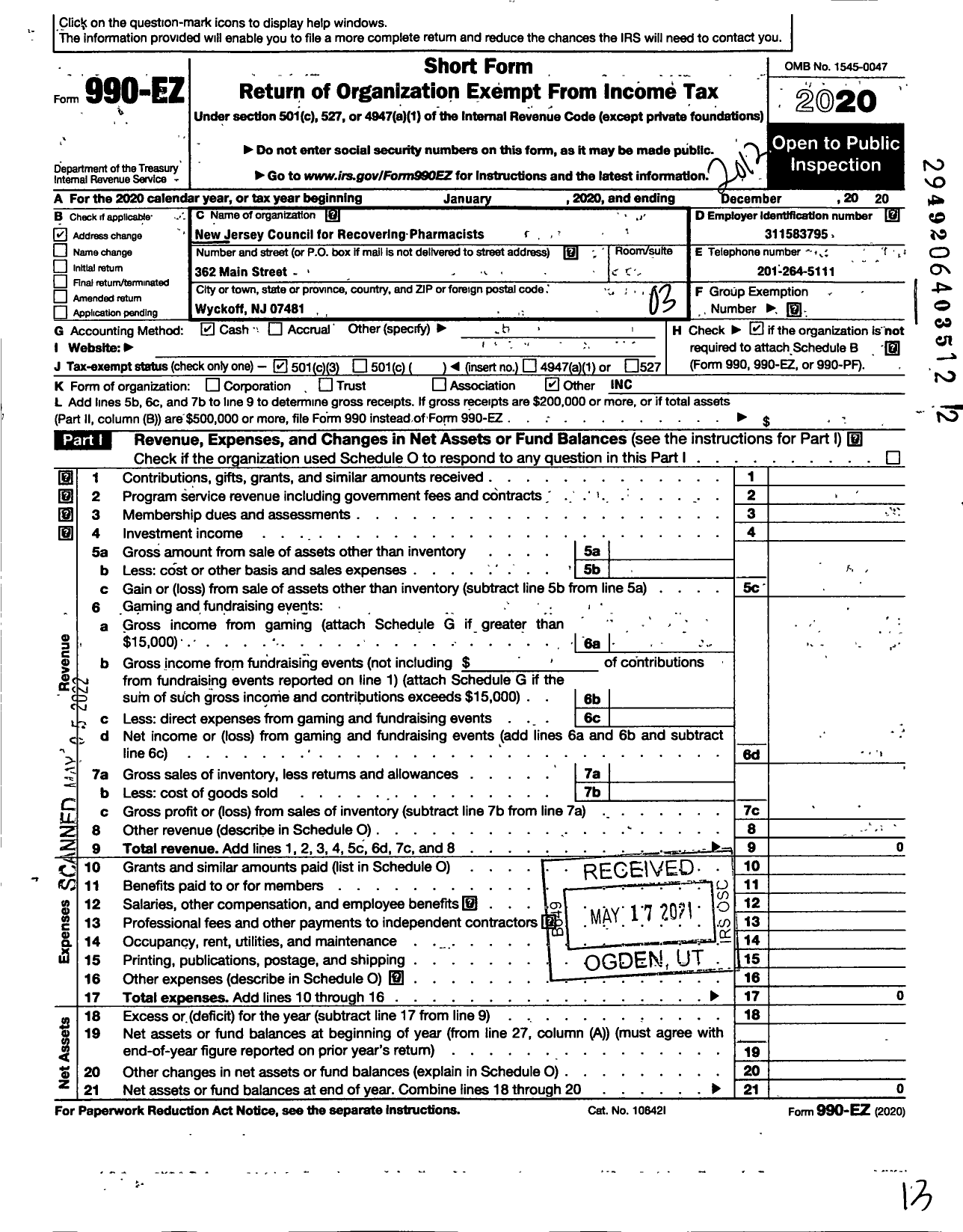 Image of first page of 2020 Form 990EZ for New Jersey Council for Recovering Pharmacists