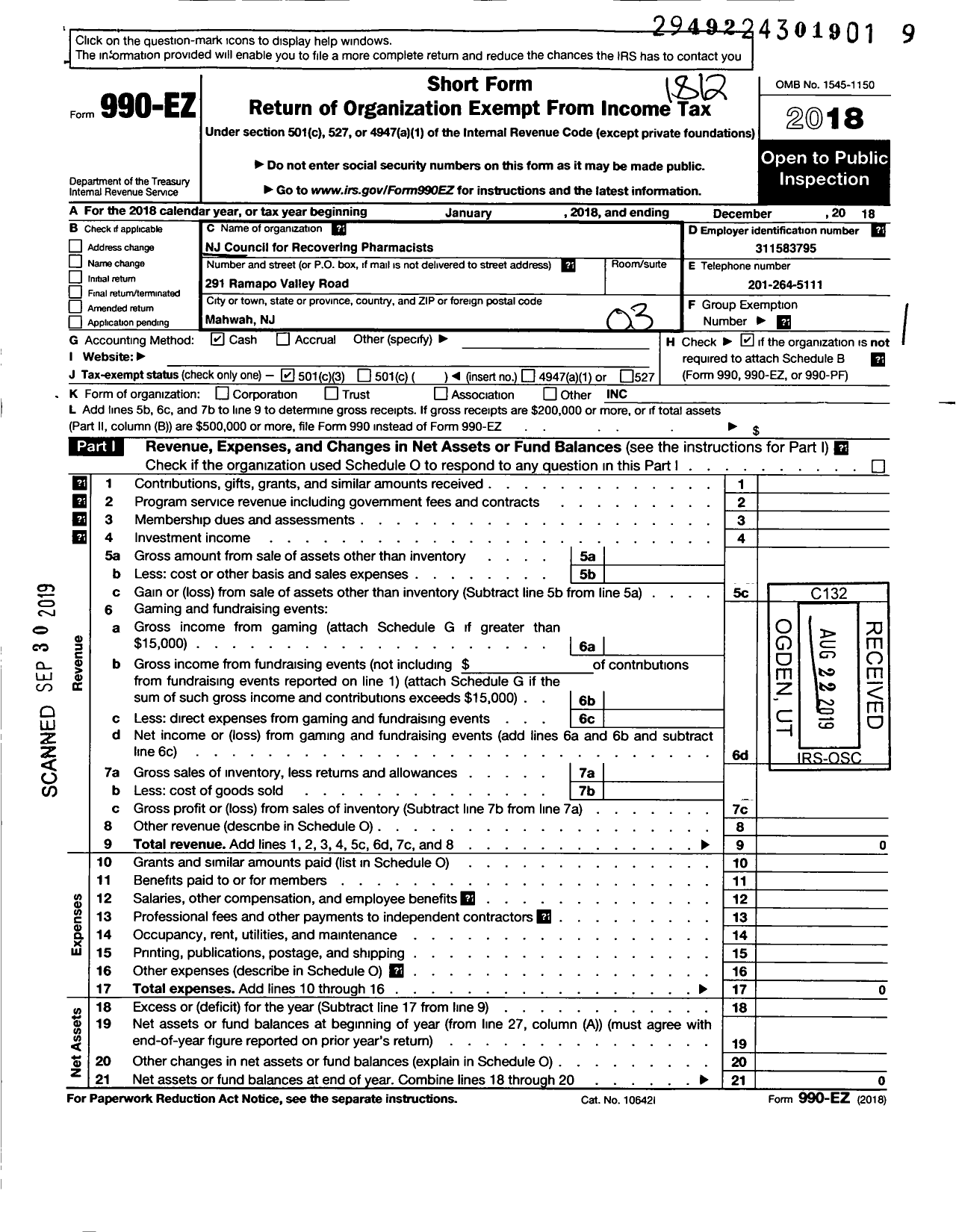 Image of first page of 2018 Form 990EZ for New Jersey Council for Recovering Pharmacists