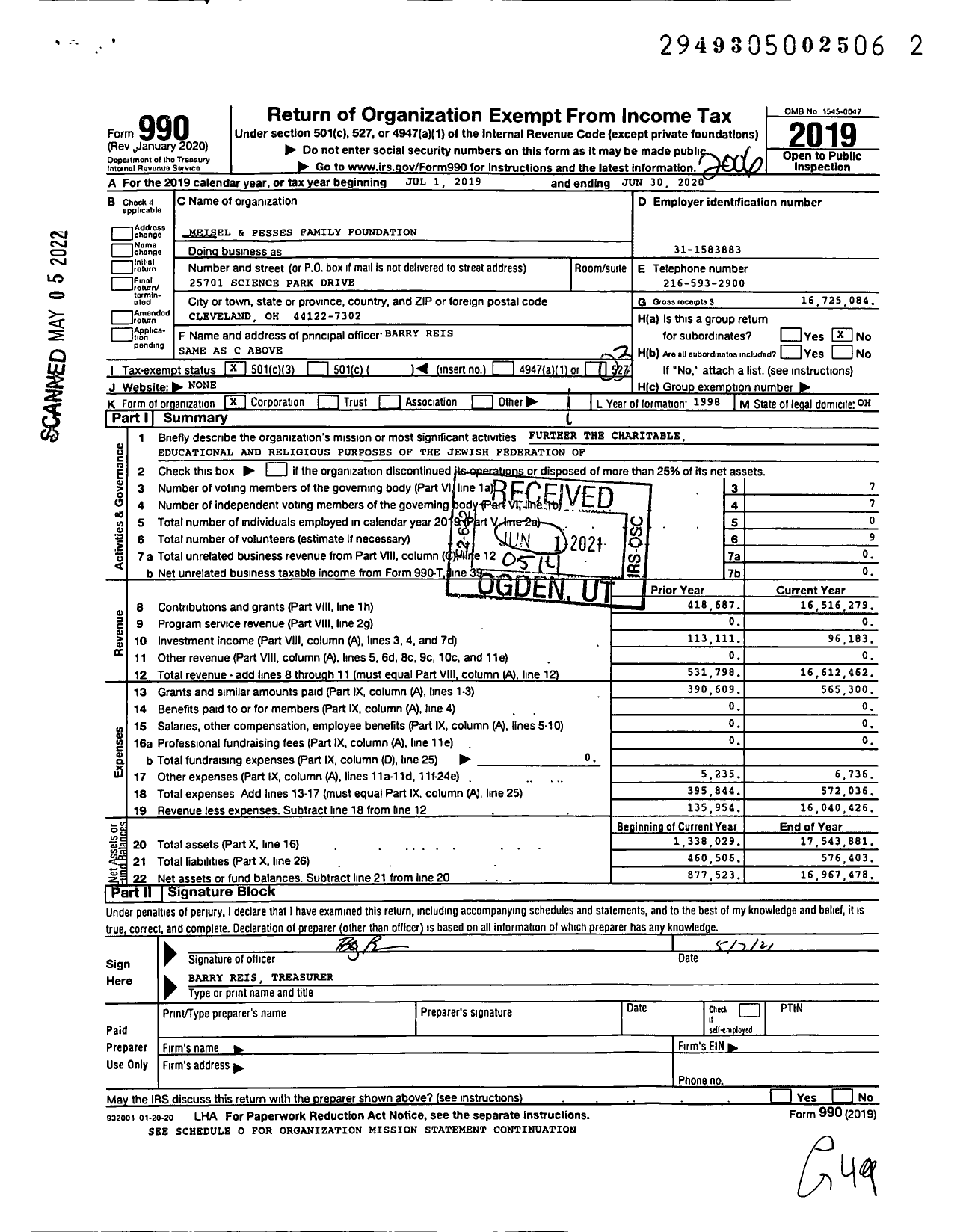 Image of first page of 2019 Form 990 for Meisel and Pesses Family Foundation