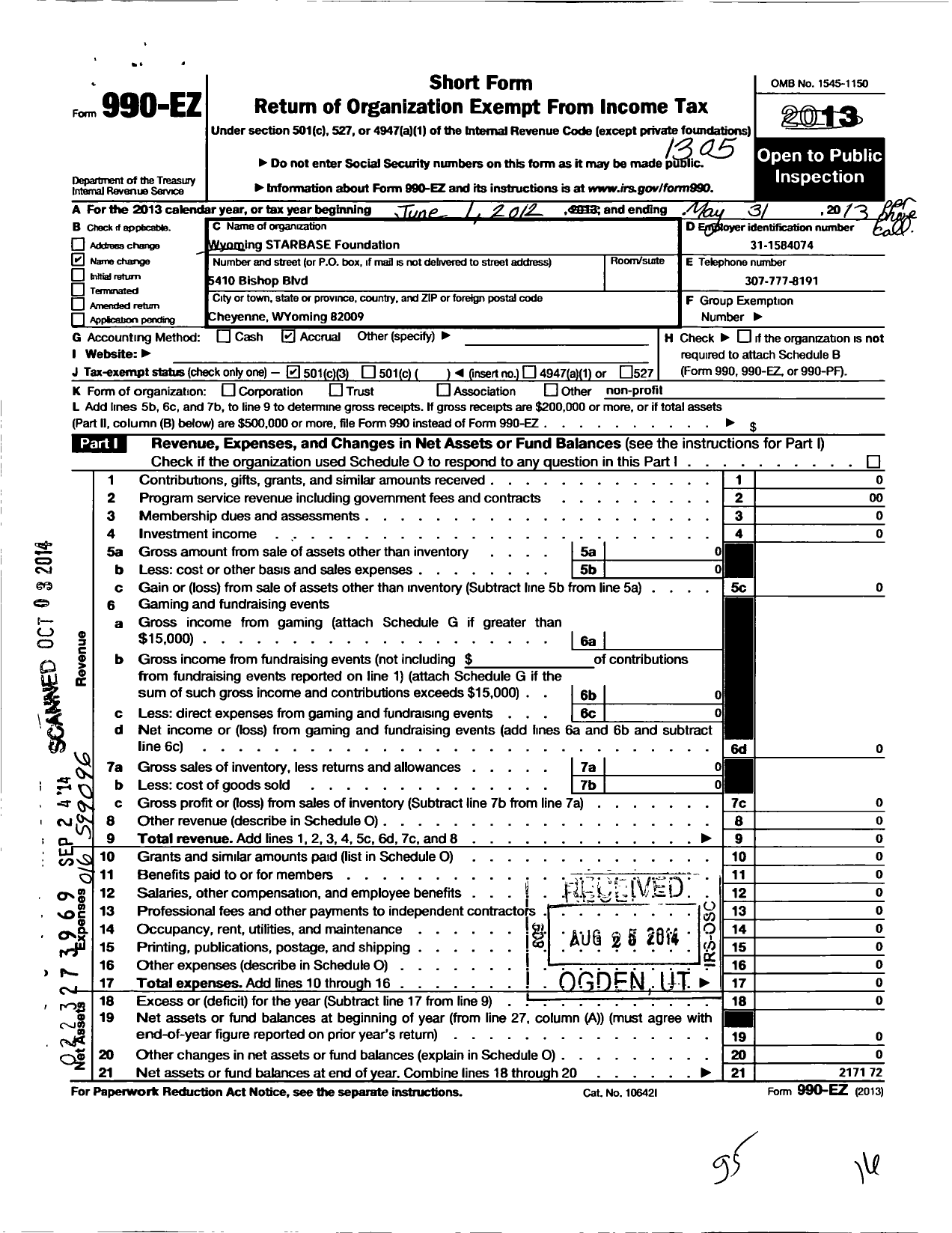 Image of first page of 2012 Form 990EZ for Wyoming Starbase Foundation