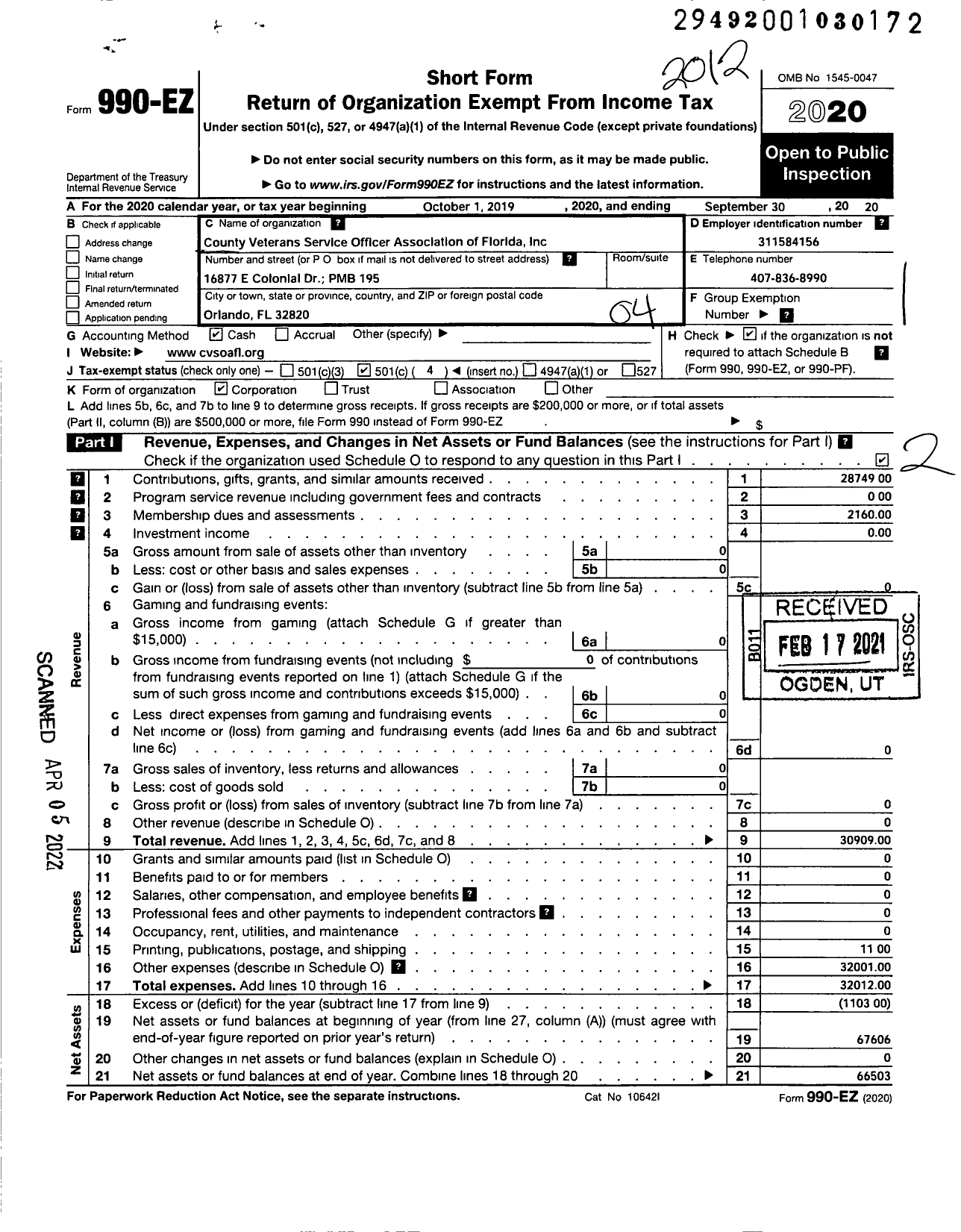 Image of first page of 2020 Form 990EO for County Veterans Service Officers Association of Florida