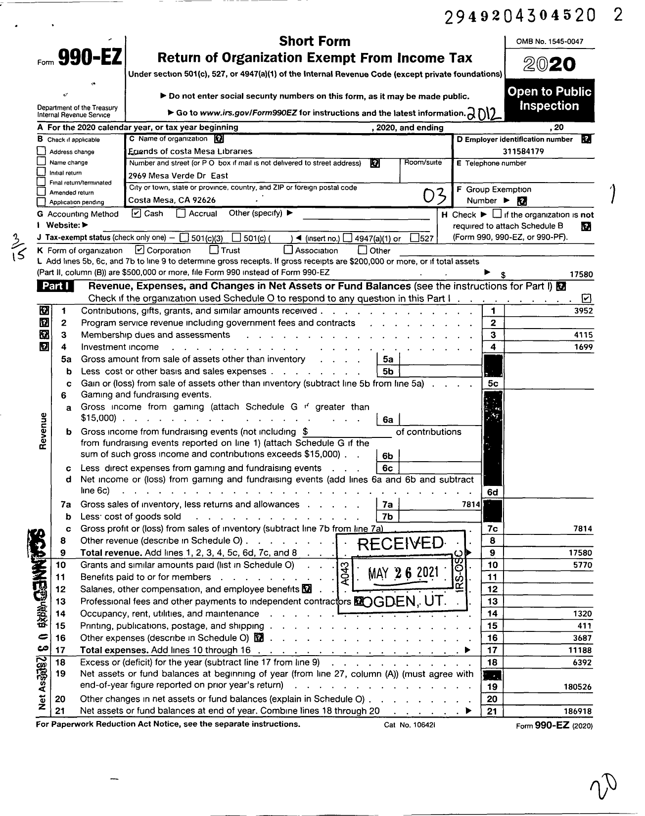 Image of first page of 2020 Form 990EZ for Friends of the Costa Mesa Libraries