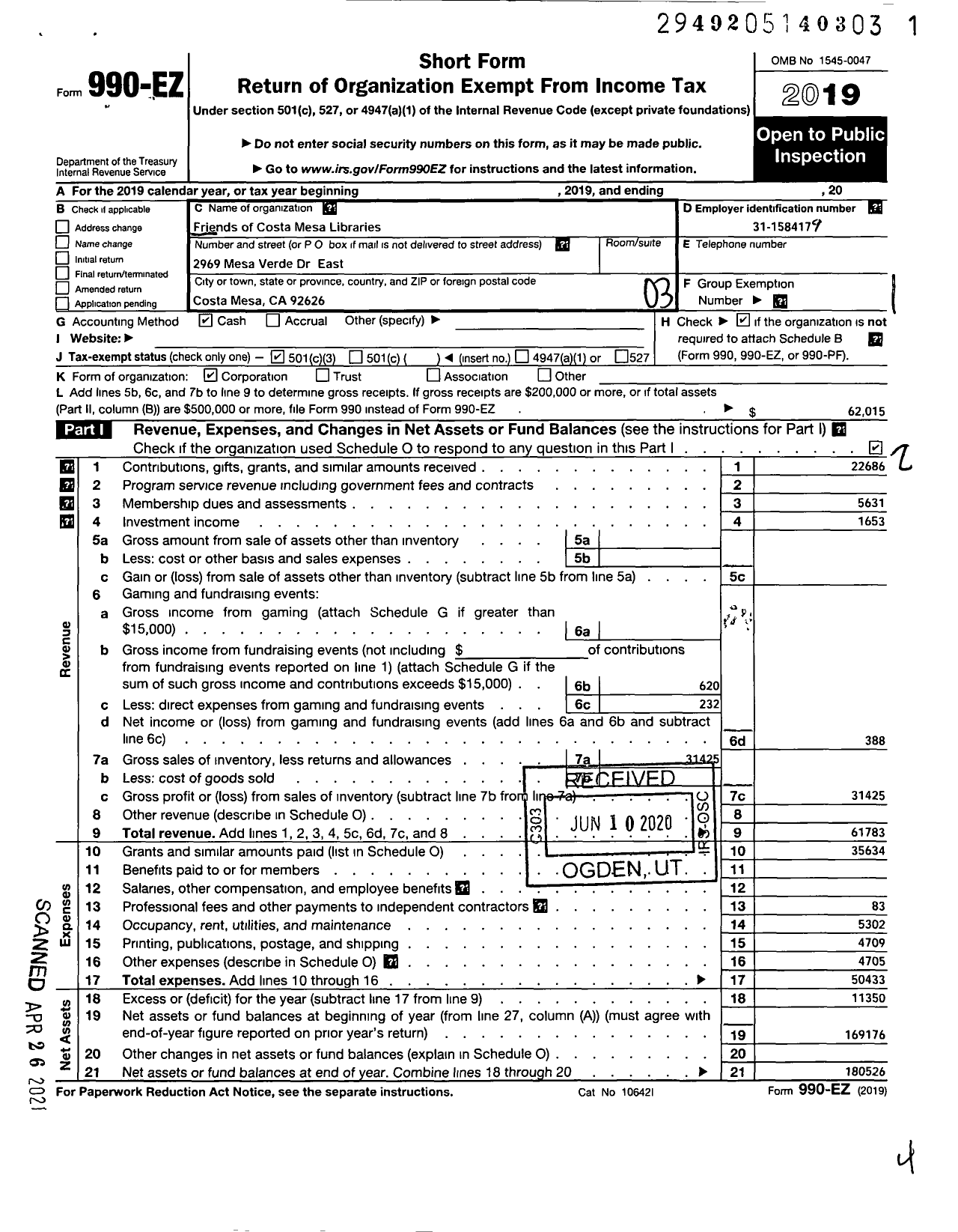 Image of first page of 2019 Form 990EZ for Friends of the Costa Mesa Libraries