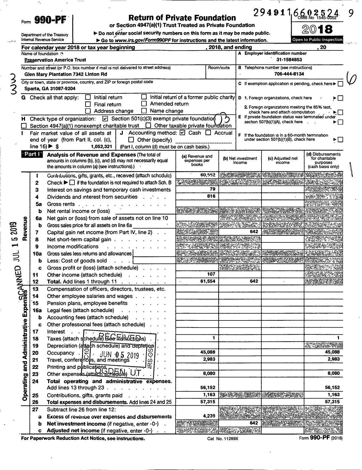 Image of first page of 2018 Form 990PF for Preservation America Trust