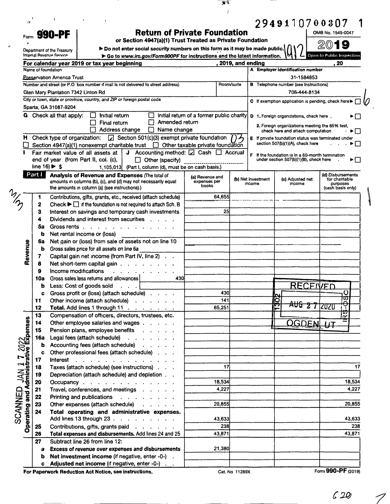 Image of first page of 2019 Form 990PF for Preservation America Trust