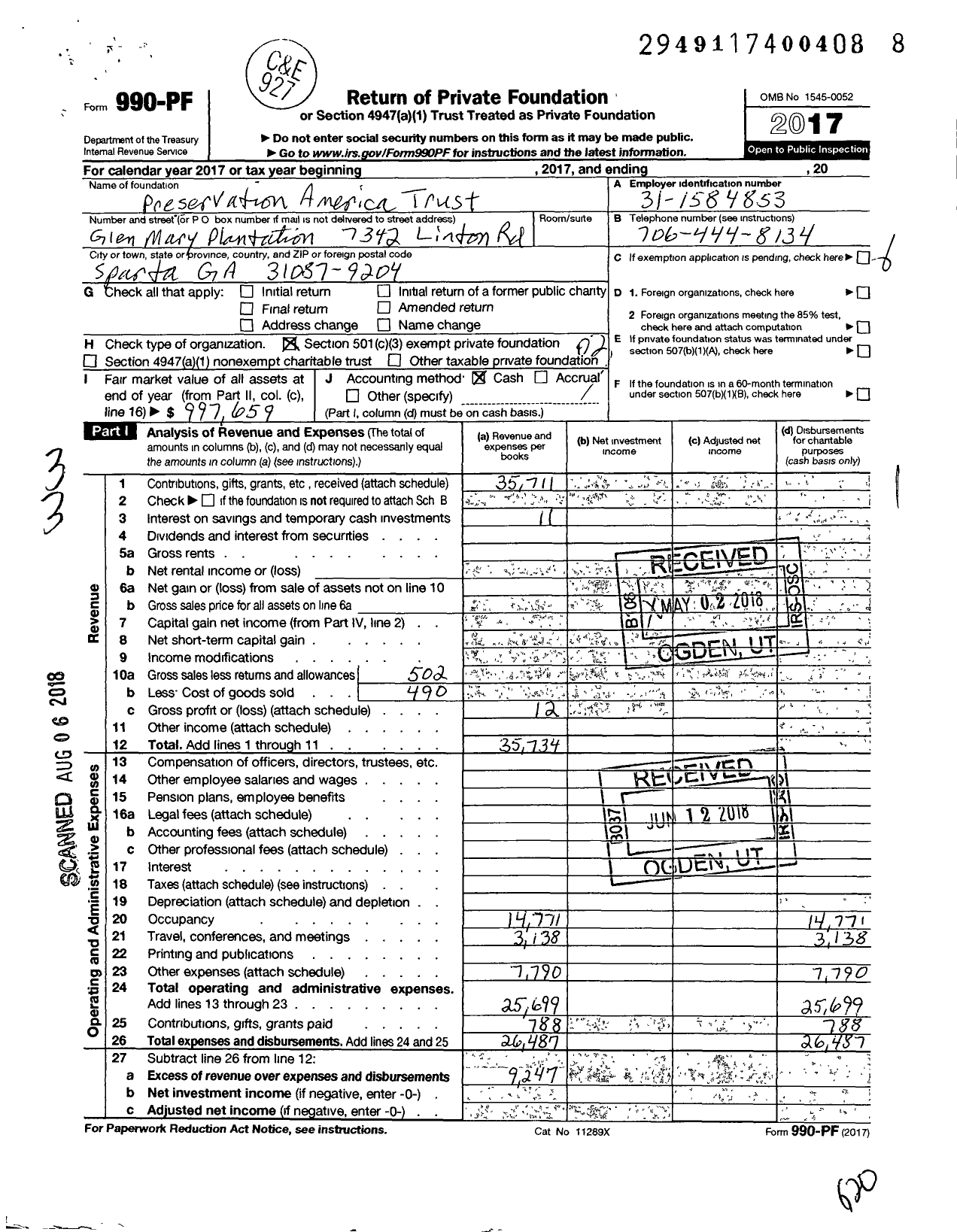 Image of first page of 2017 Form 990PF for Preservation America Trust