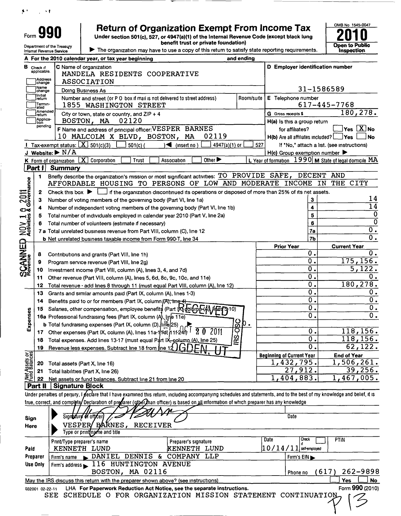 Image of first page of 2010 Form 990 for Mandela Residents Cooperative Association