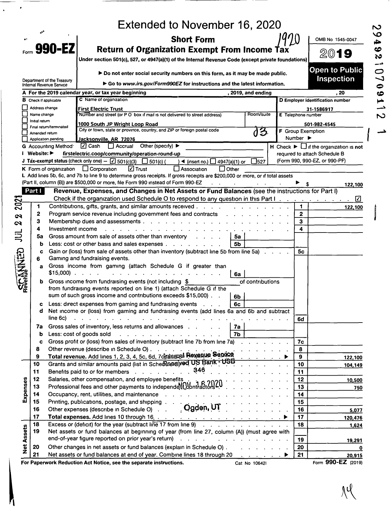 Image of first page of 2019 Form 990EZ for First Electric Trust