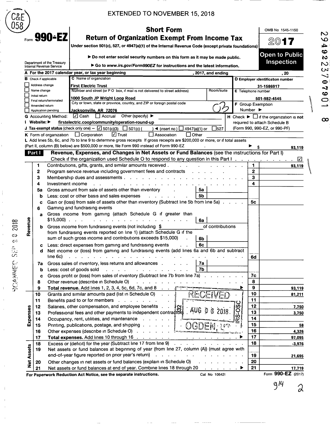 Image of first page of 2017 Form 990EZ for First Electric Trust