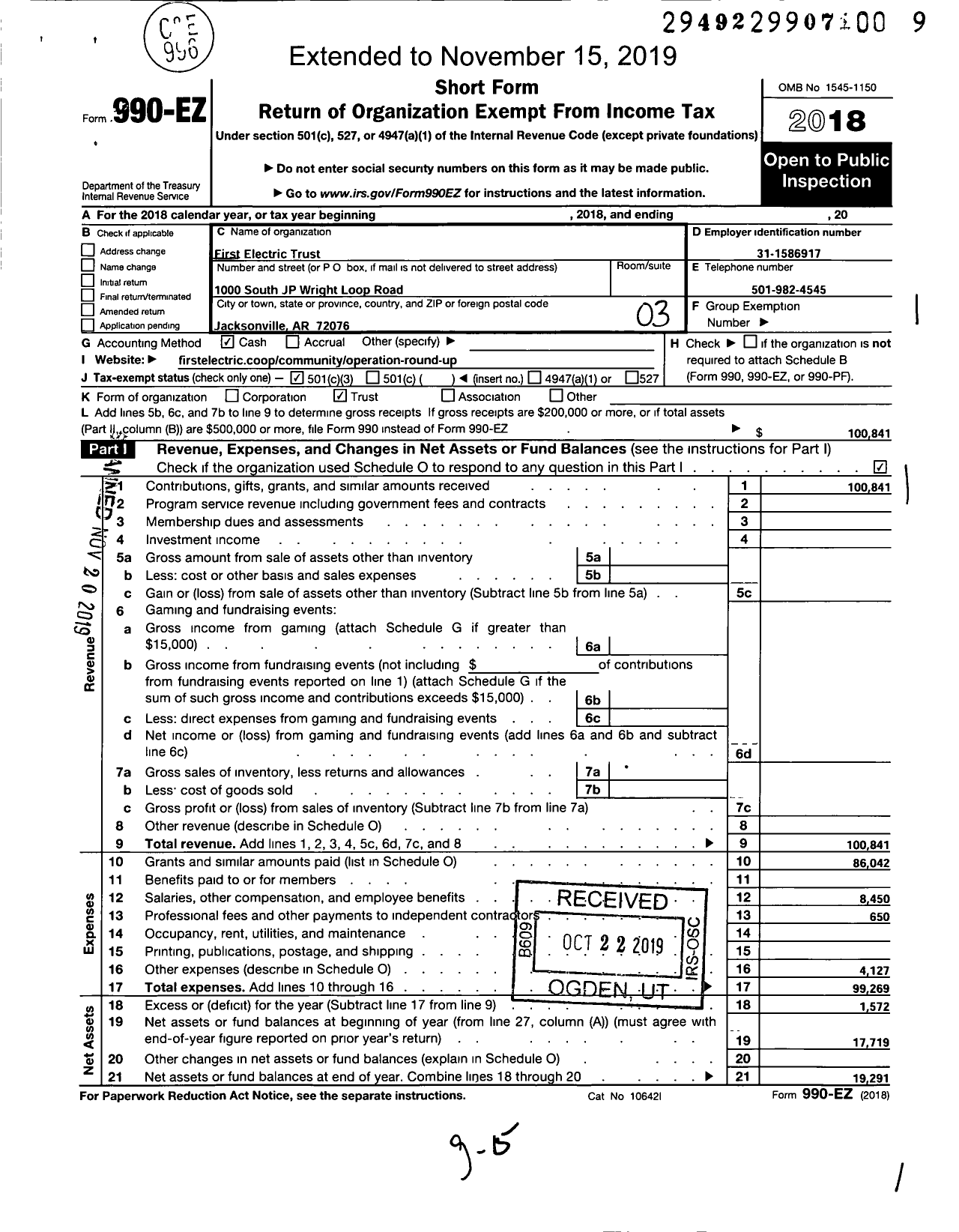 Image of first page of 2018 Form 990EZ for First Electric Trust