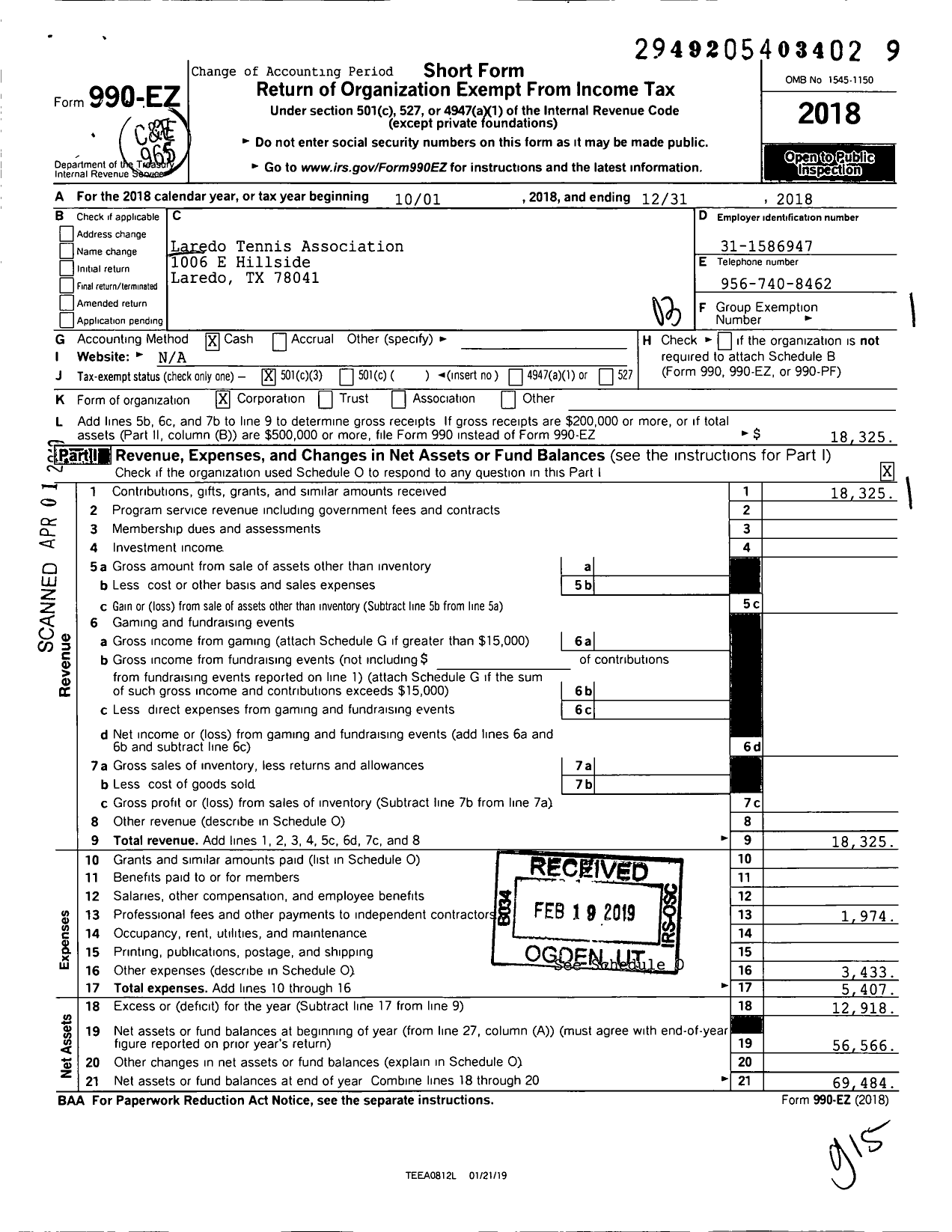 Image of first page of 2018 Form 990EZ for Laredo Tennis Association