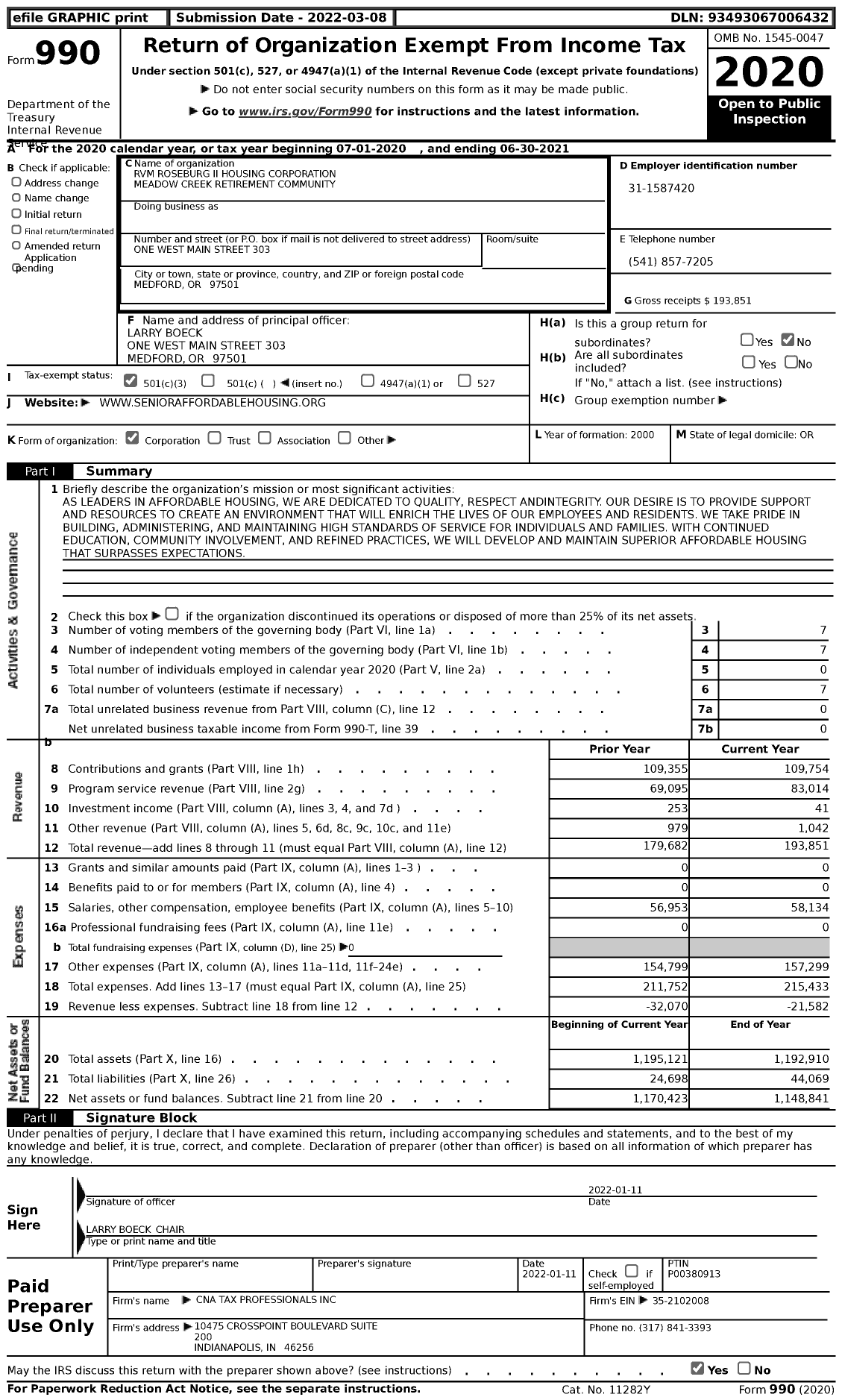 Image of first page of 2020 Form 990 for RVM Roseburg II Housing Corporation Meadow Creek Retirement Community
