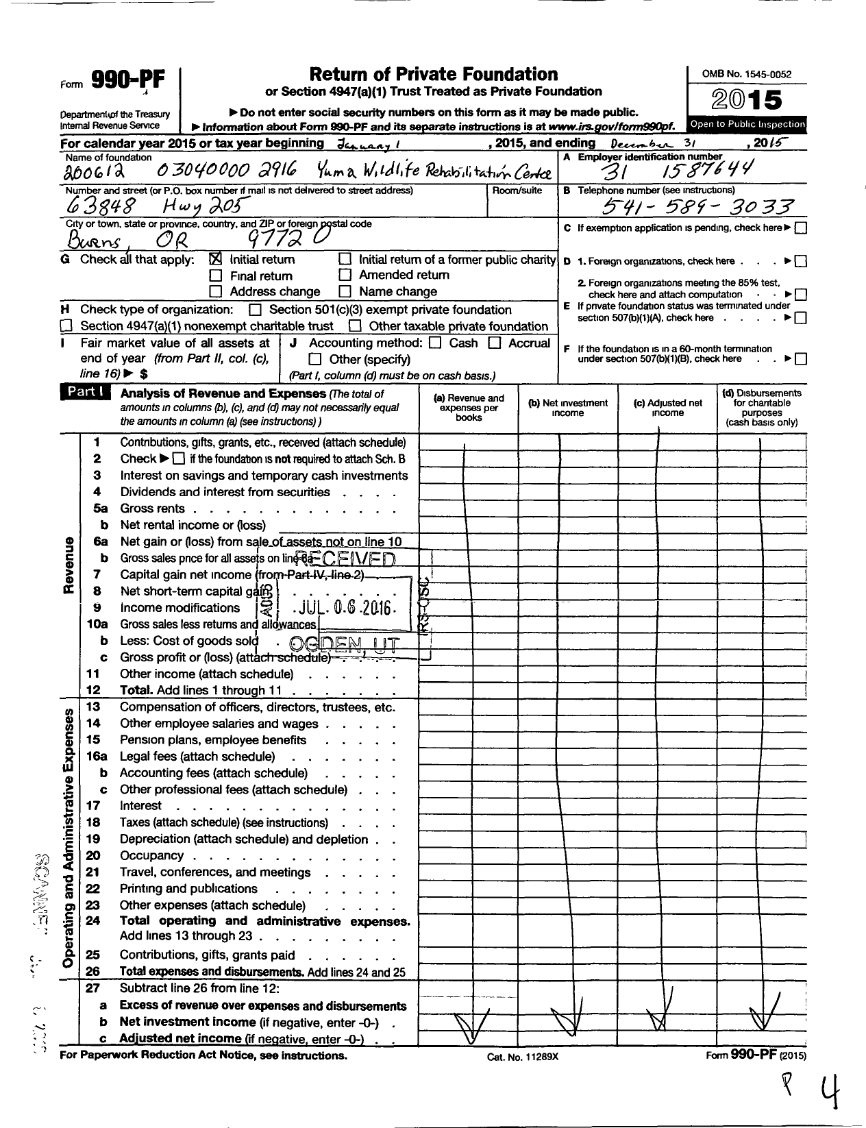 Image of first page of 2015 Form 990PF for Yuma Wildlife Rehabilitation Center