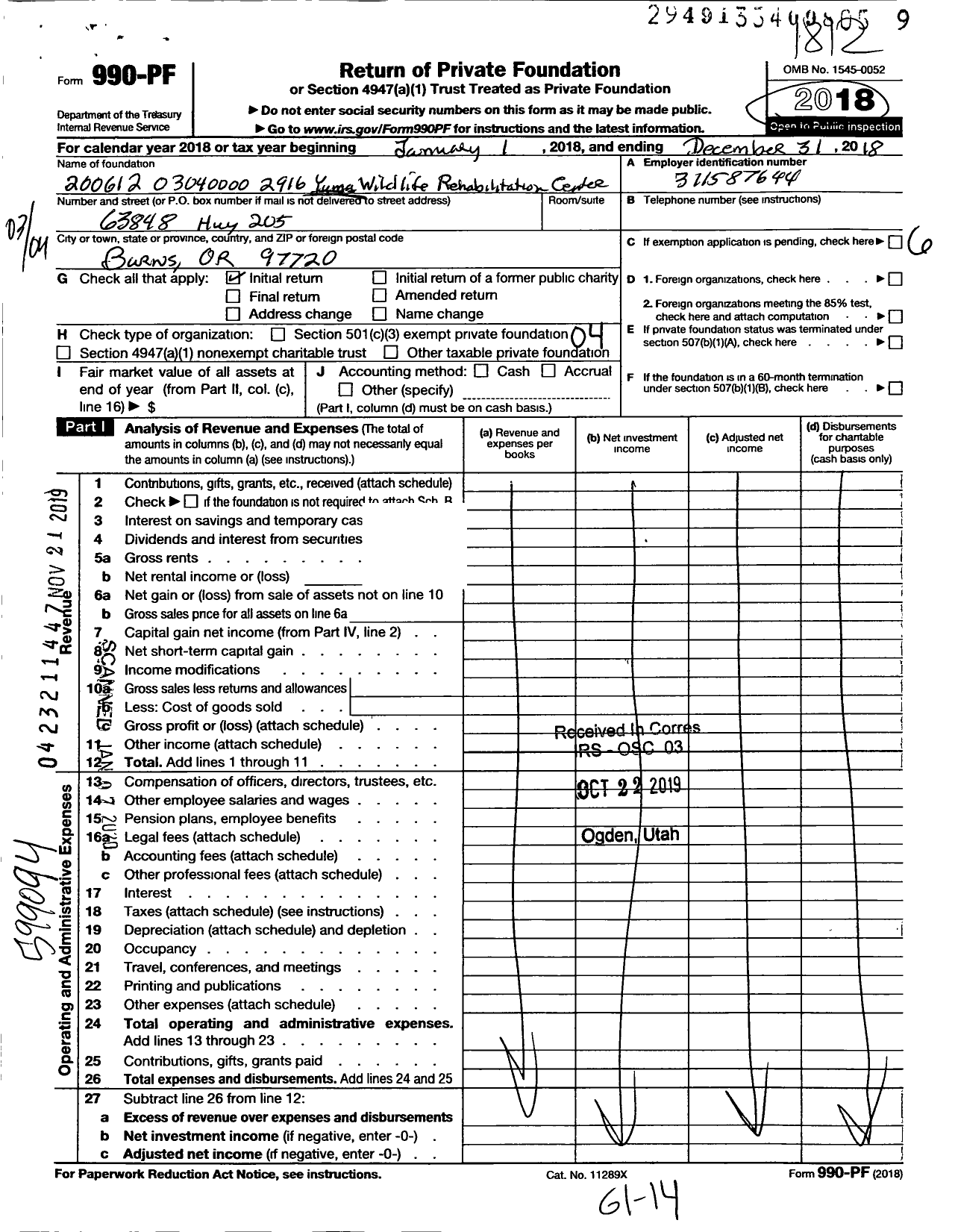 Image of first page of 2018 Form 990PF for Yuma Wildlife Rehabilitation Center