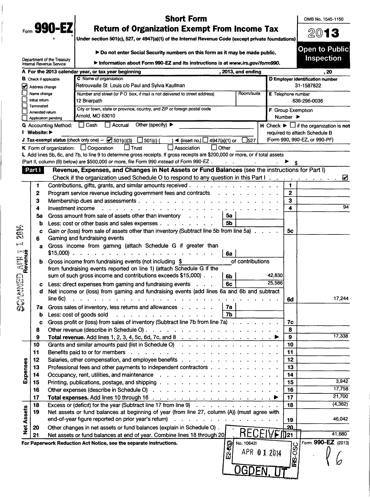 Image of first page of 2013 Form 990EZ for Retrouvaille of St Louis