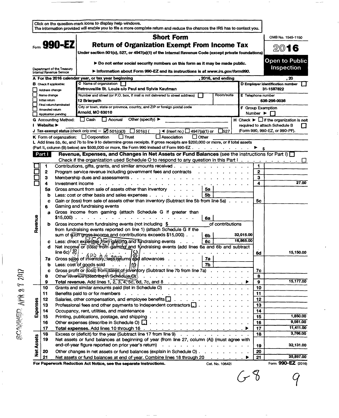 Image of first page of 2016 Form 990EZ for Retrouvaille of St Louis