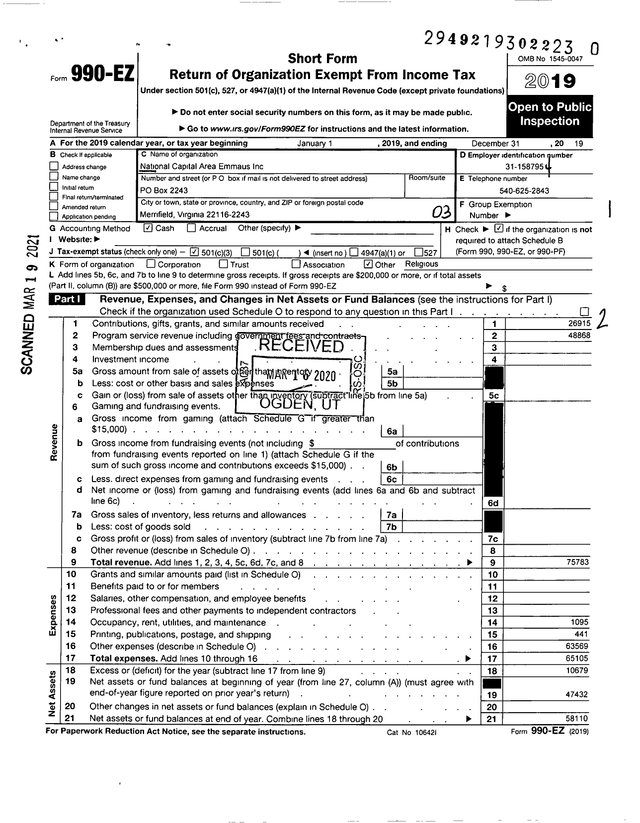 Image of first page of 2019 Form 990EZ for National Capital Area Emmaus